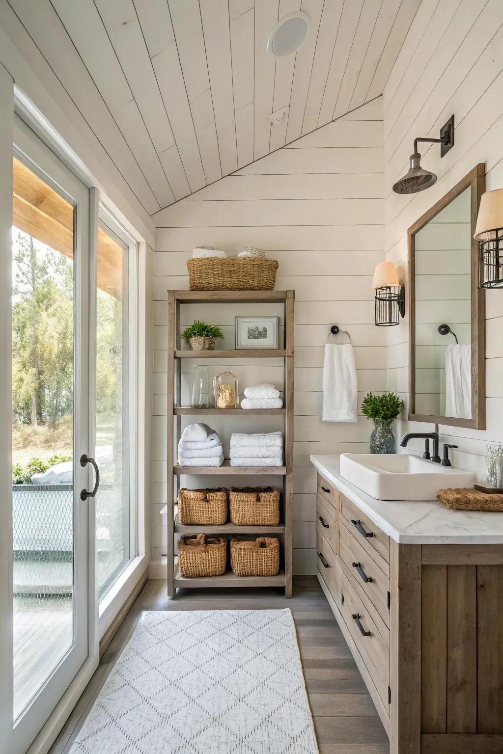 A bathroom featuring plank walls and visible storage for display.