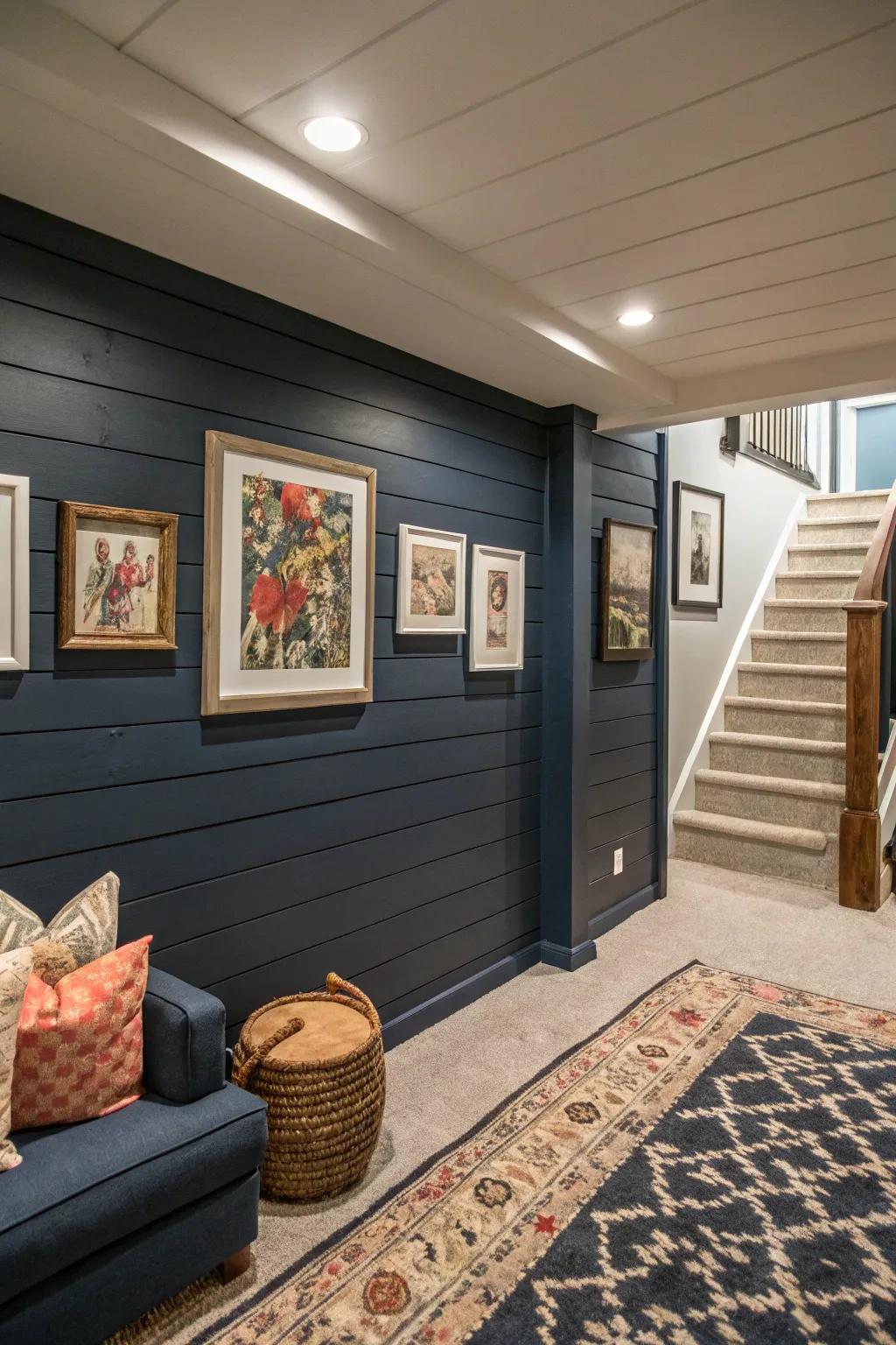 Painted shiplap makes a bold artistic statement.