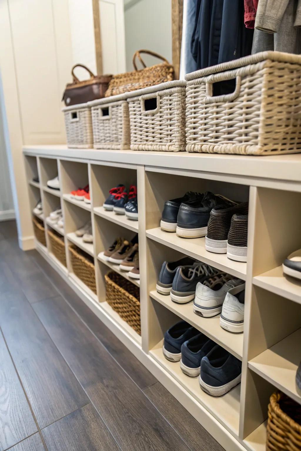 Bespoke container cubbies deliver a refined and customized footwear storage solution.