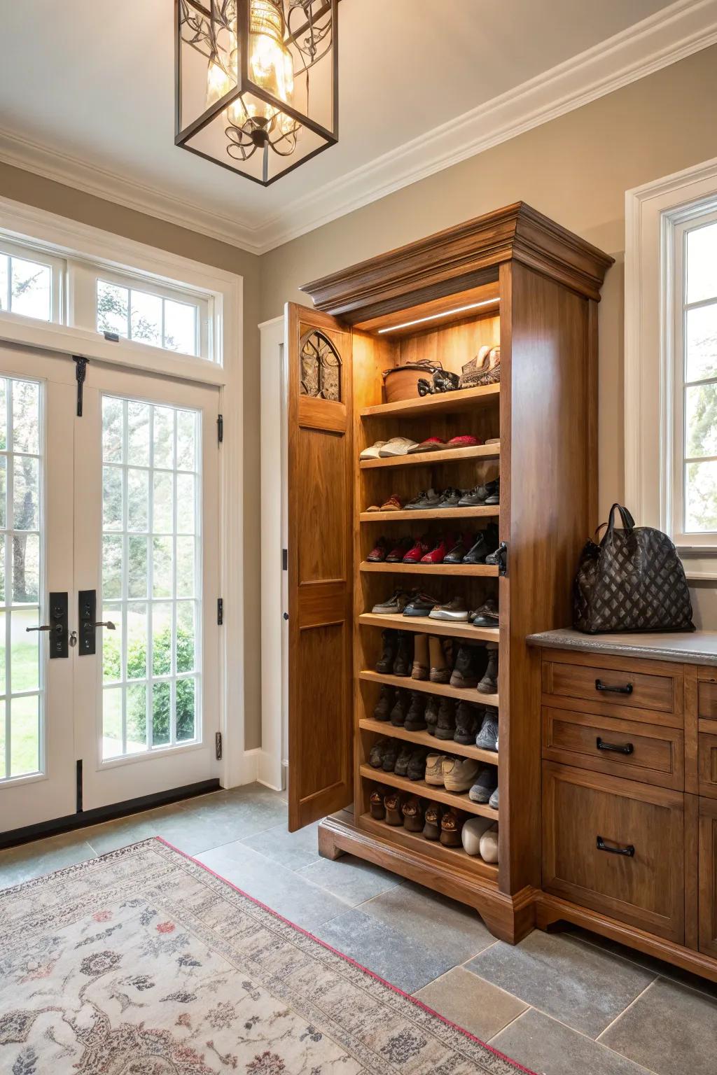 A custom built-in shoe cabinet designed for the entryway.