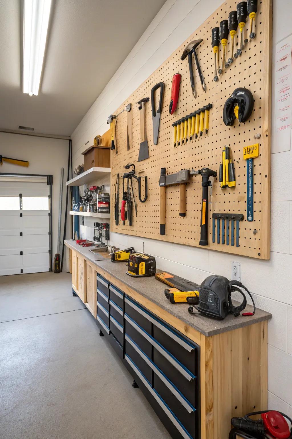 A French cleat system for adaptable tool storage.