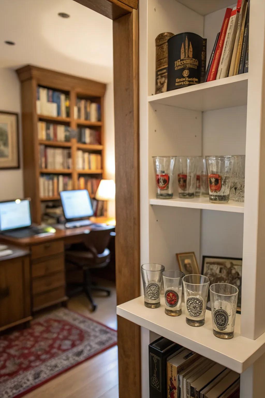 A study room featuring a corner display unit creatively filled with shot glasses.