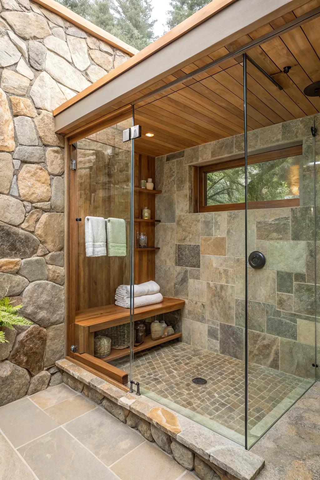 A shower featuring a mix of stone, glass, and wood elements.