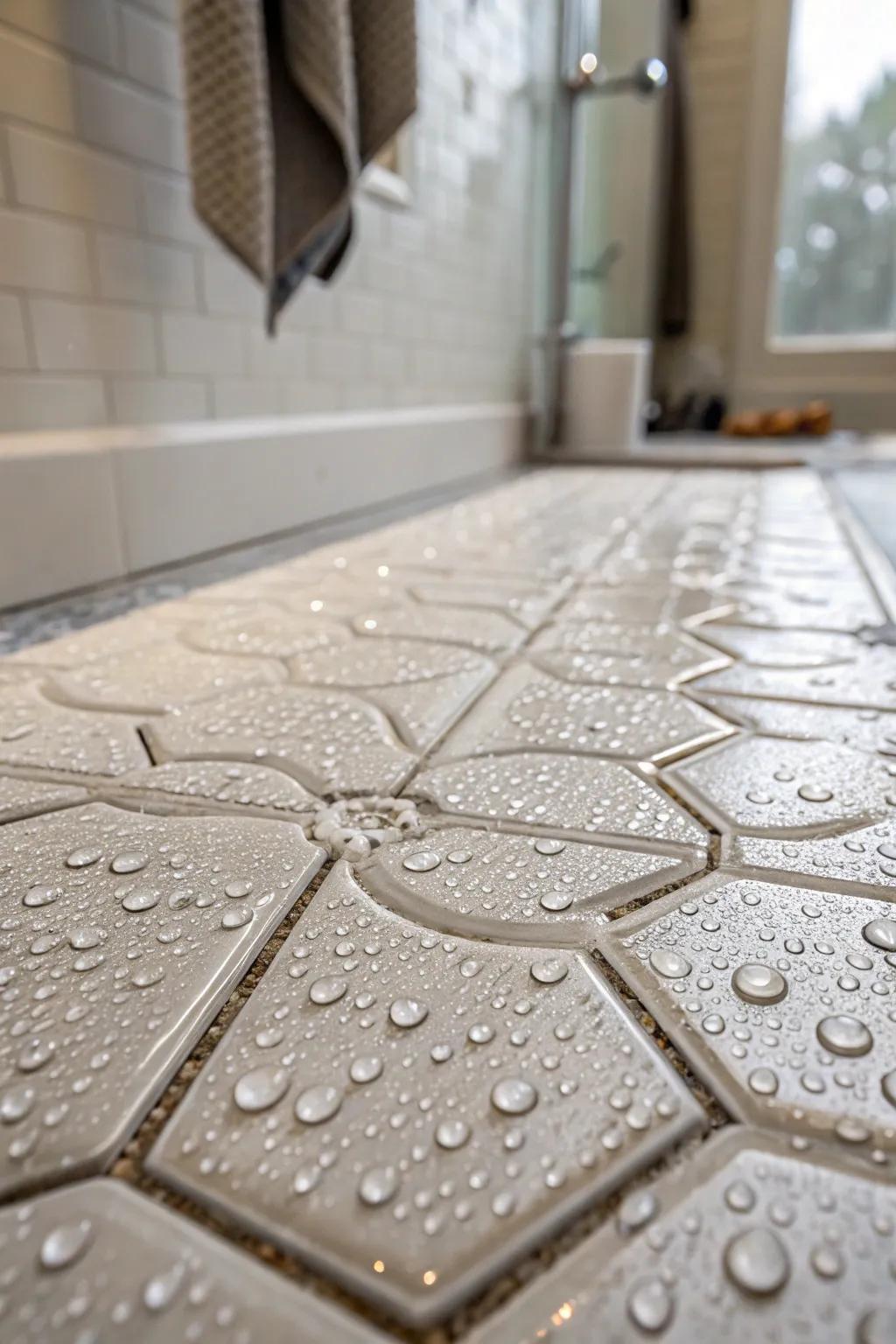 3D tiles create a visually striking and textured shower floor.