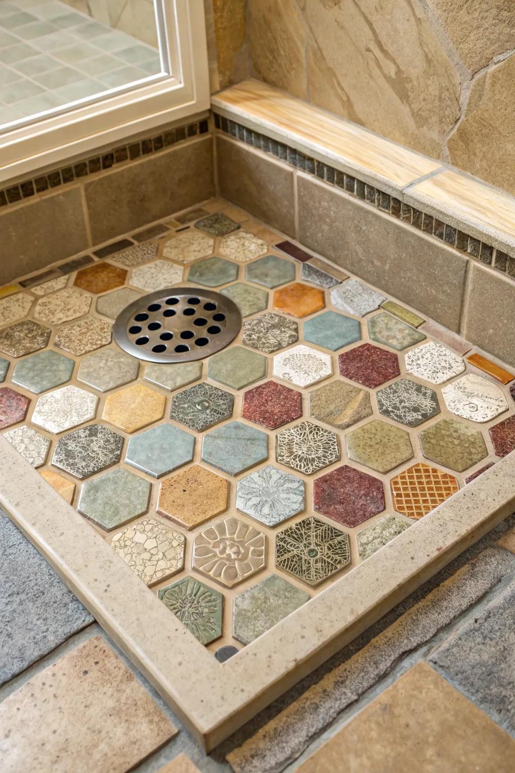 Eco-friendly recycled tiles in various colors and textures make this shower pan both beautiful and sustainable.