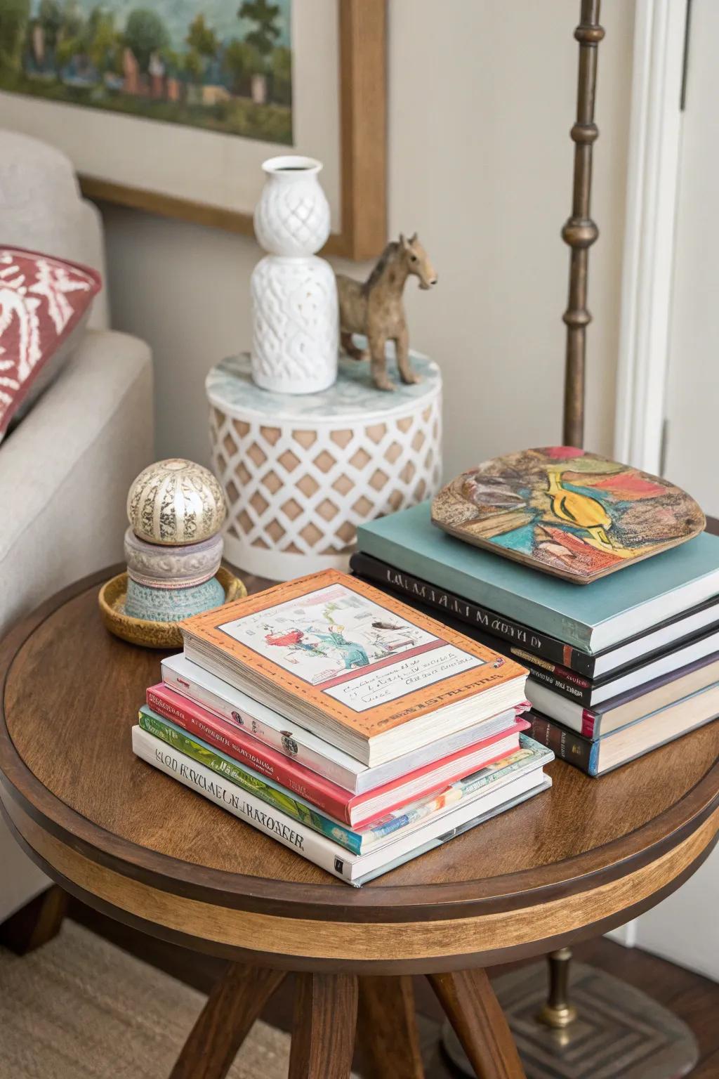 A side table with a layered arrangement of books and art.