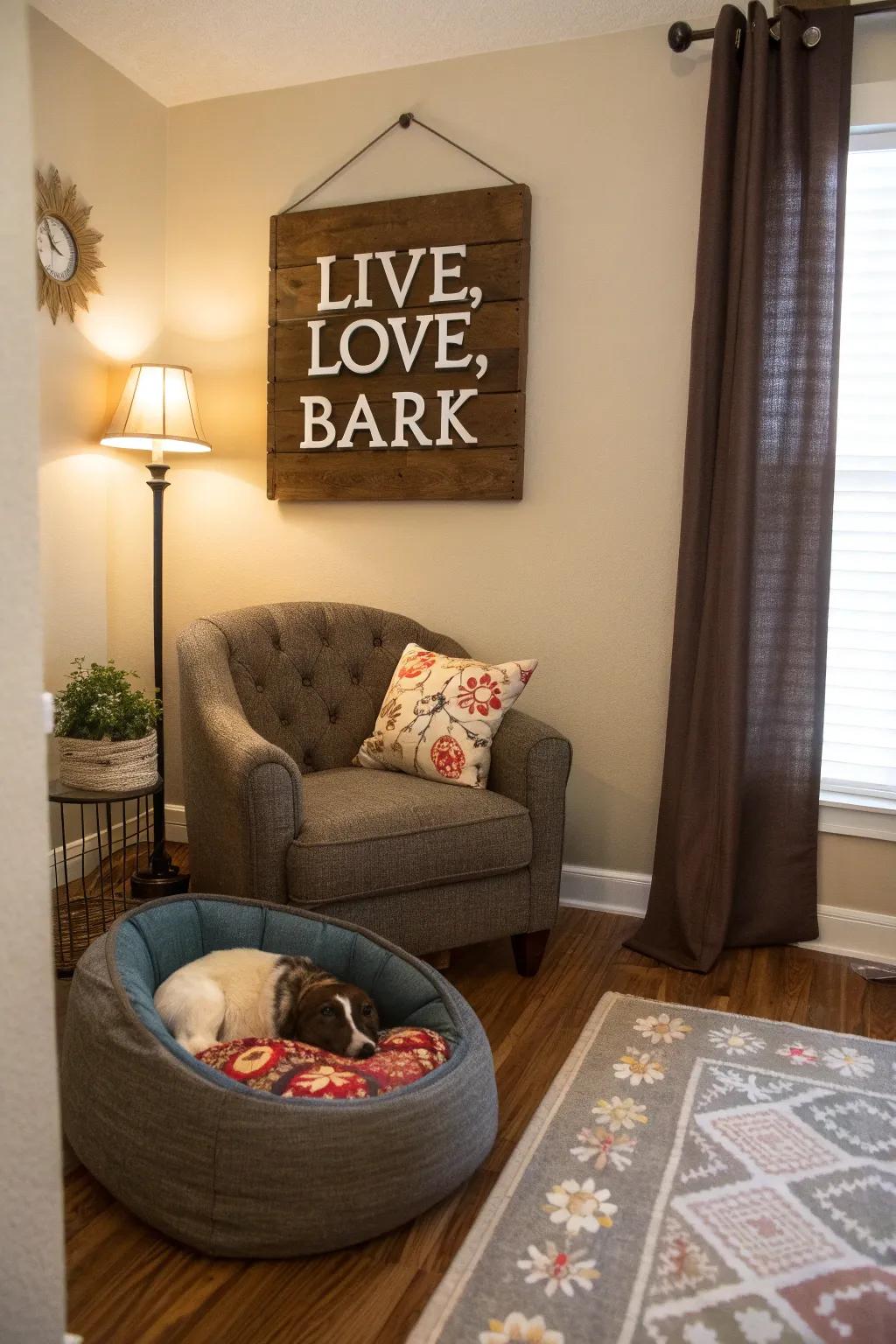 A snug lounge corner with a 'Breathe, Cherish, Bark' plaque above a pet bed.