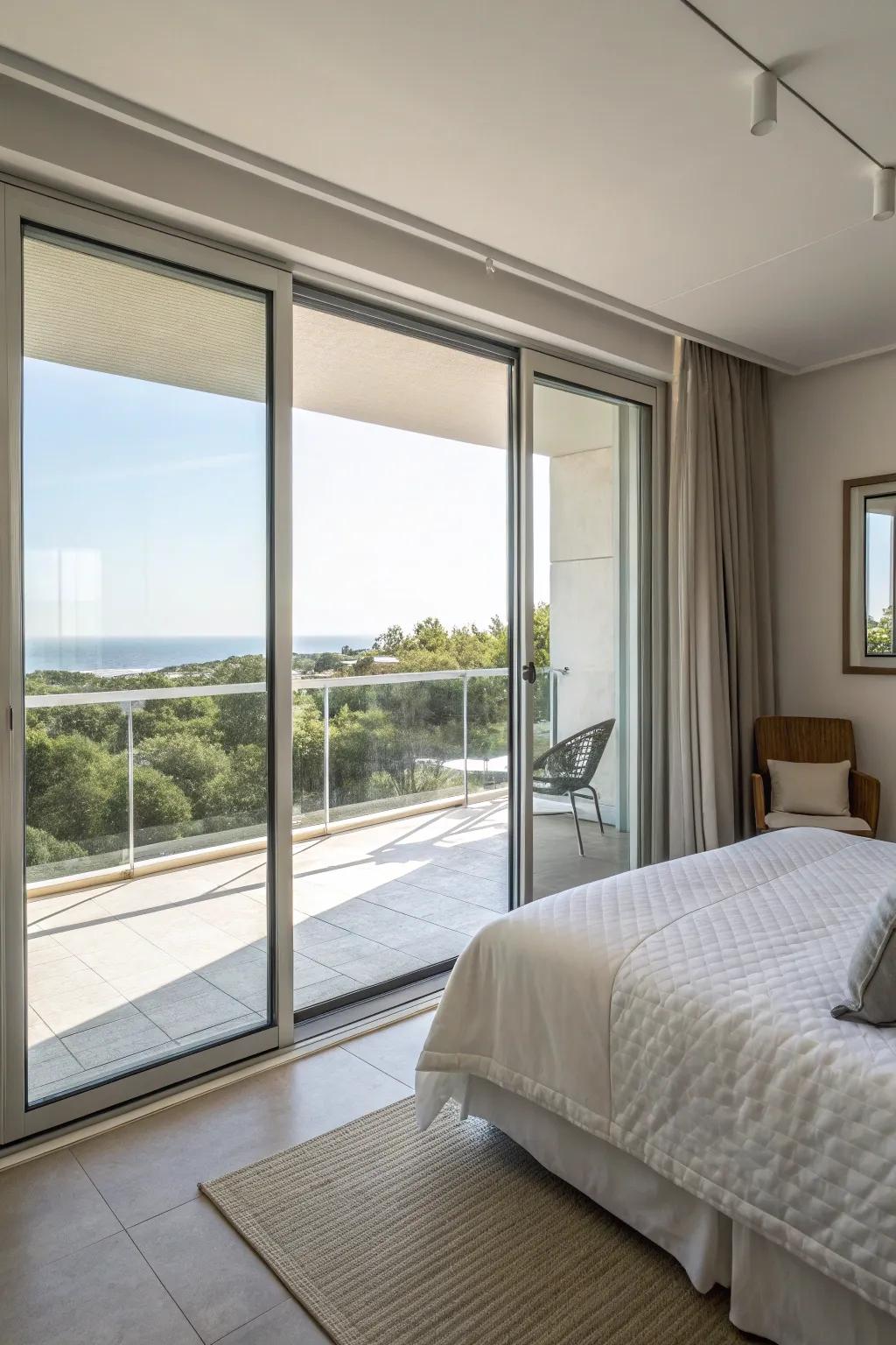 Modern gliding doors connecting bedroom to balcony.