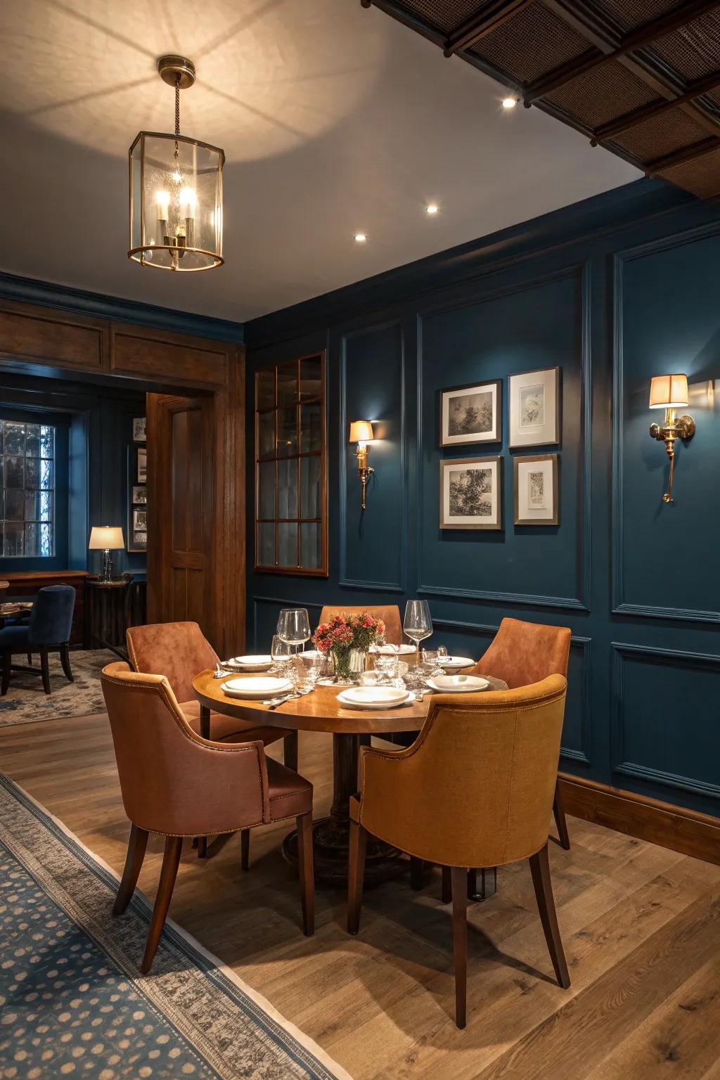 Moody hues transform the dining room into an intimate retreat.