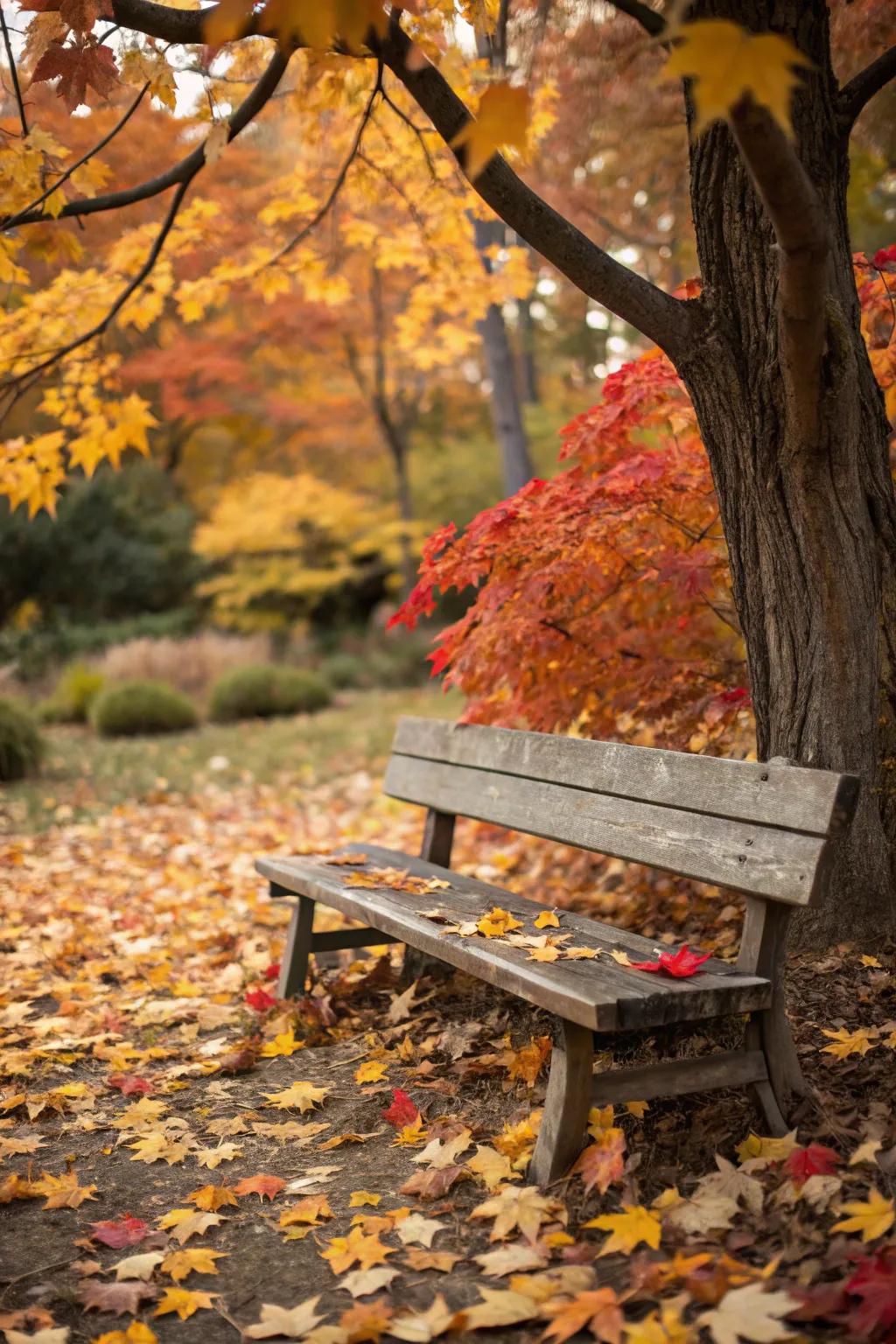 A wood bench accentuates the inherent splendor of autumn.