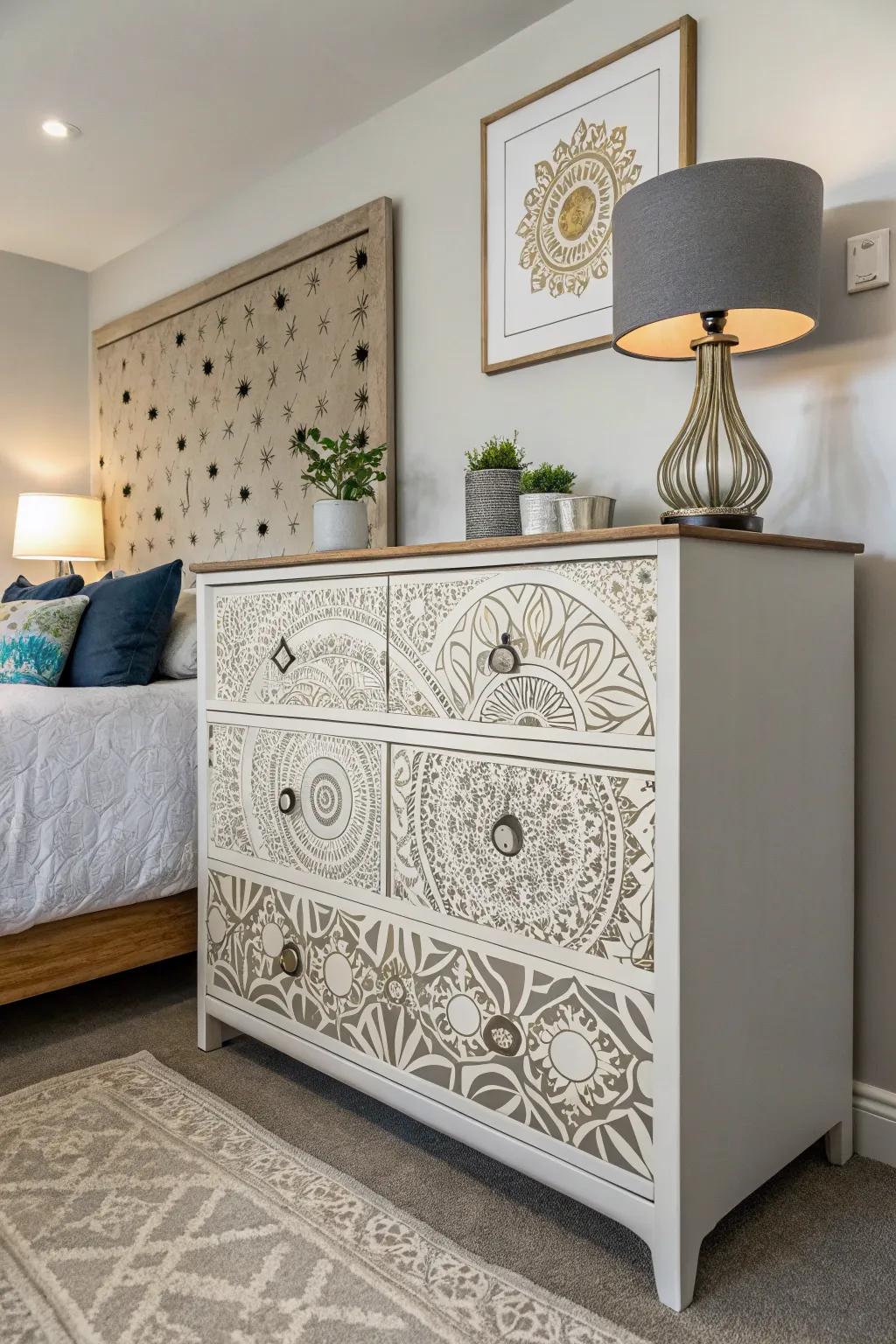 Fractal stencils add modernity to an old dresser.