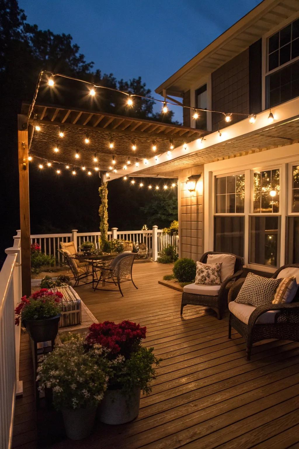 String lights add a touch of magic to the deck's evening ambiance.