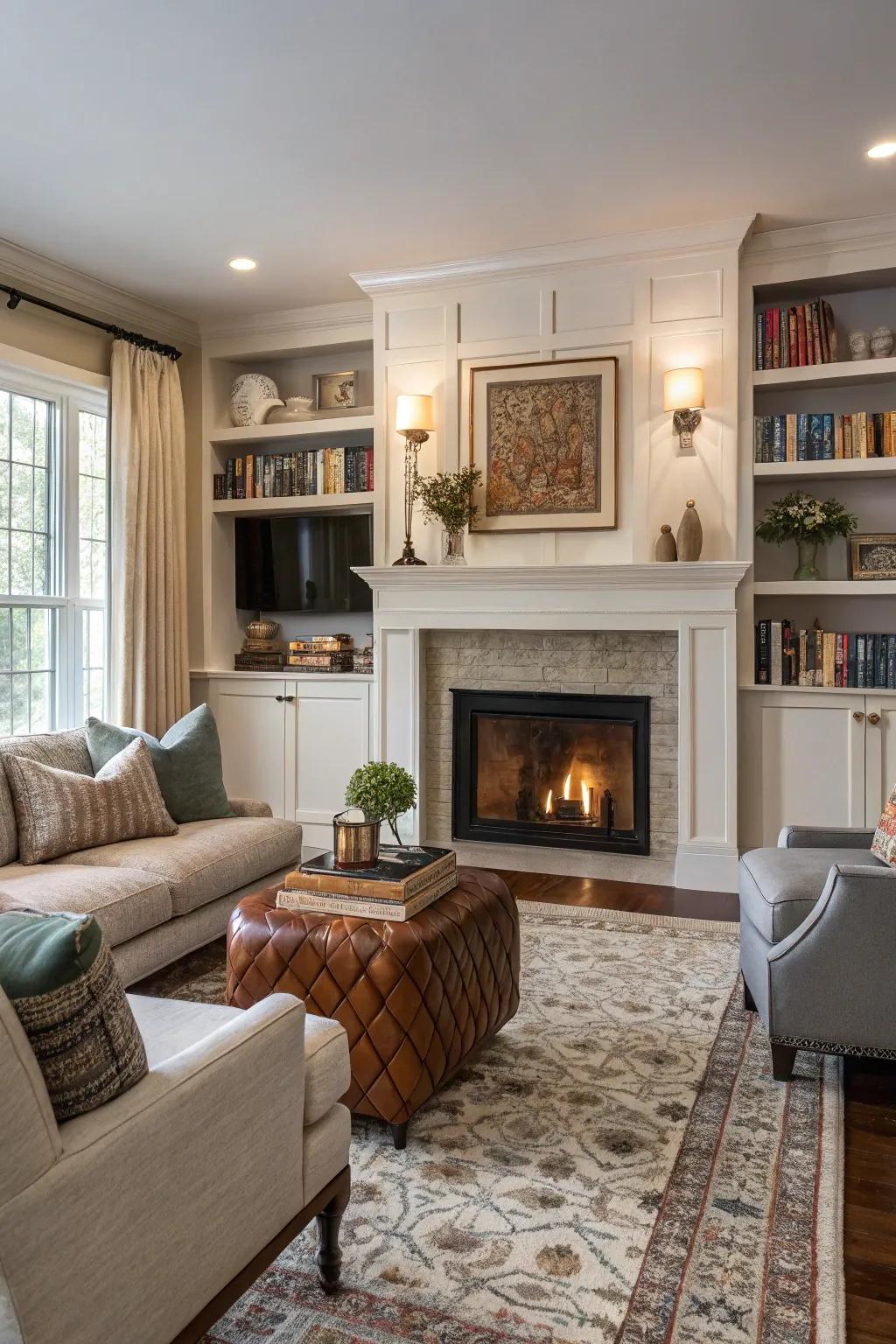 A central point like a fireplace anchors the living room design.