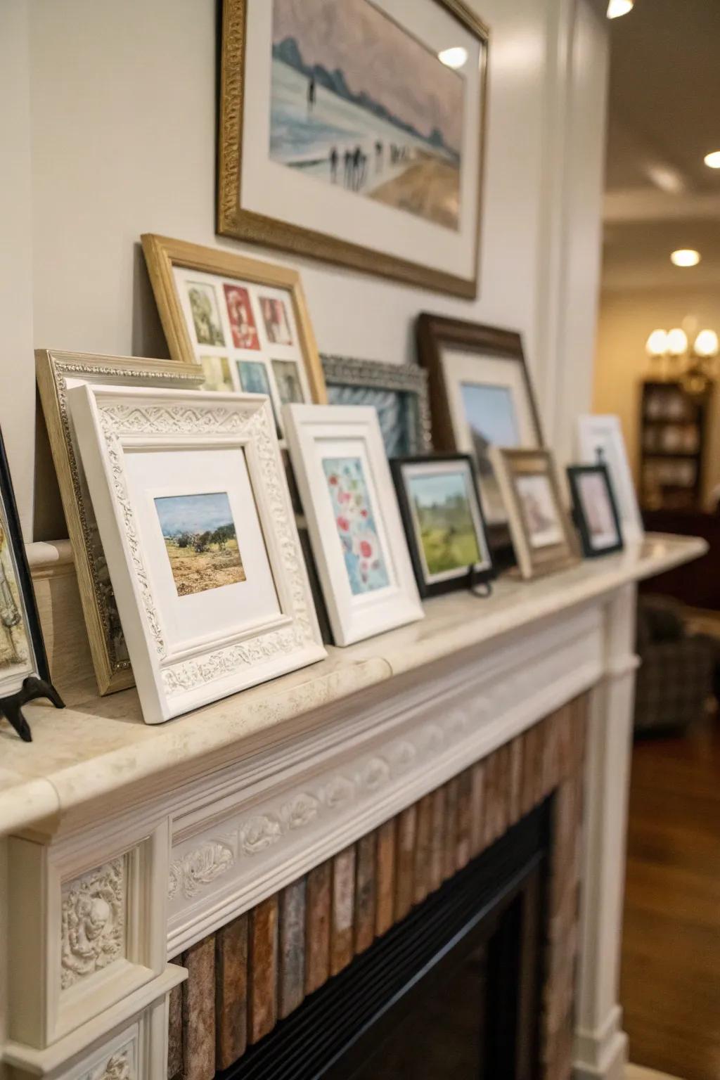 A gallery of art pieces enhances the elegance of this everyday mantel.