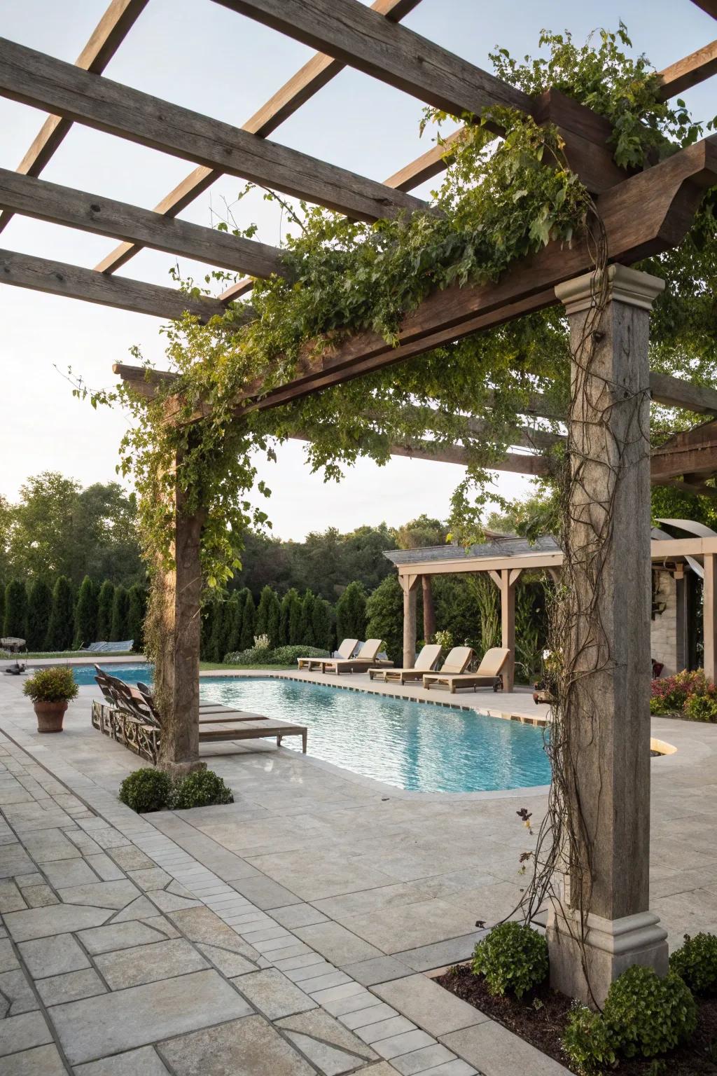 A stylish pergola offering shade and comfort by the pool.