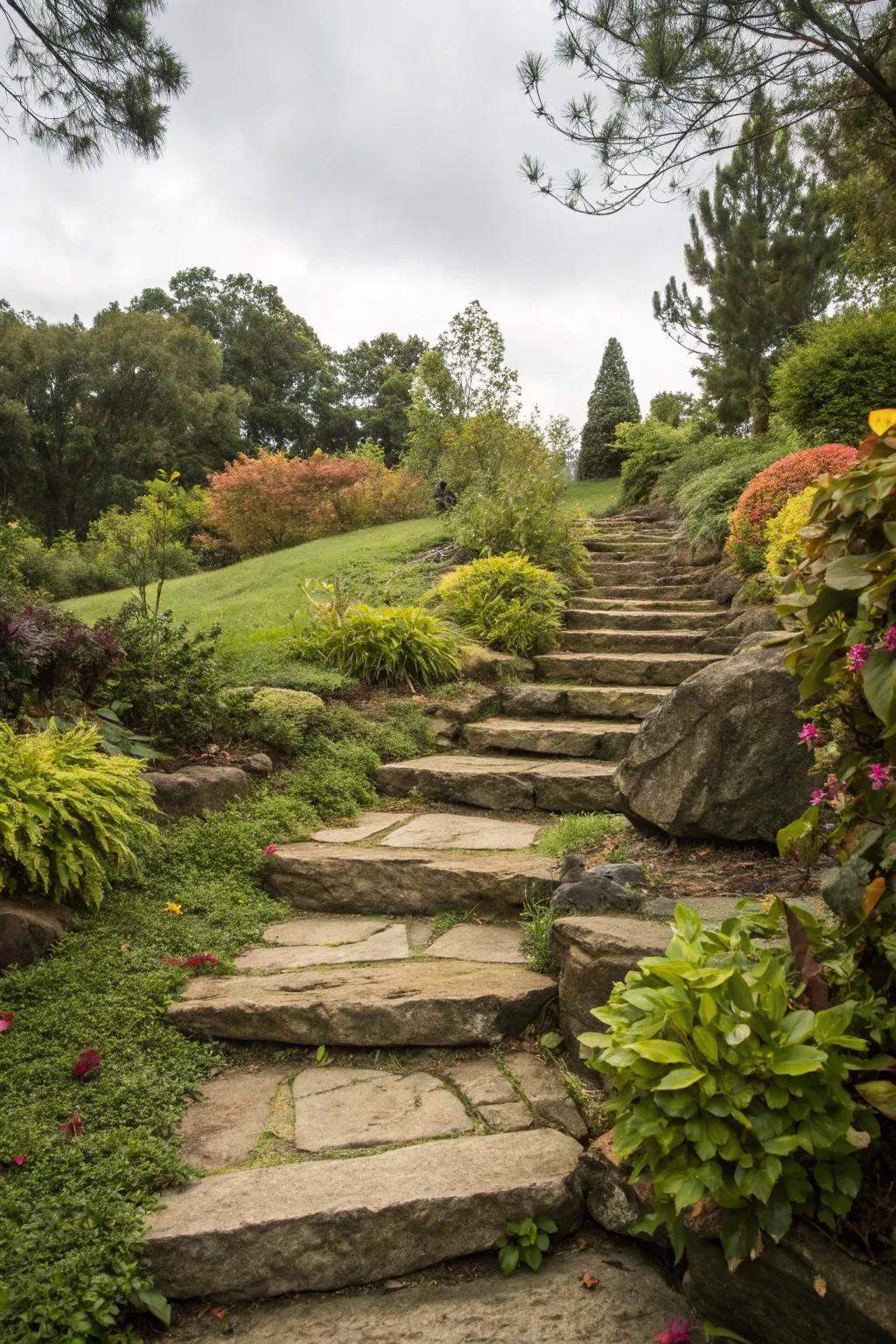 Rock steps blend functionality with natural beauty.