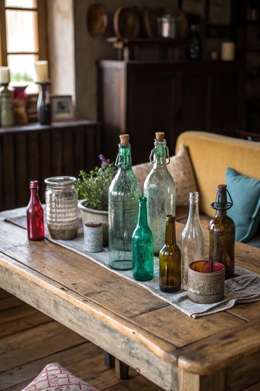 Time-worn glass bottles lending character to a rustic table.