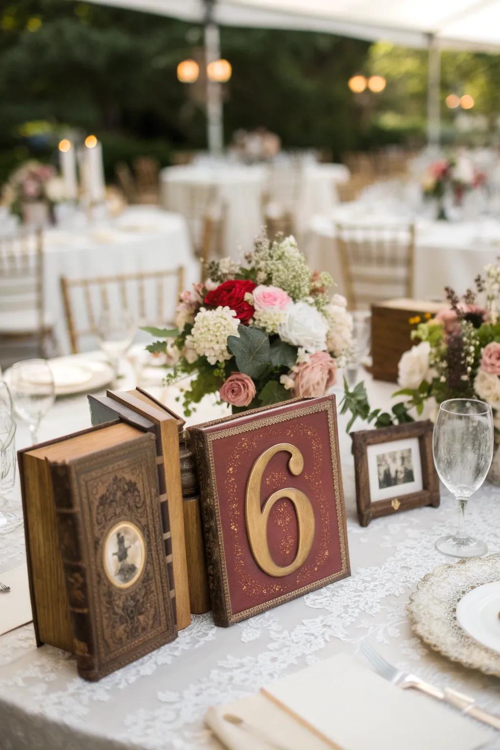 Creative table numbers displayed in books add character and charm.