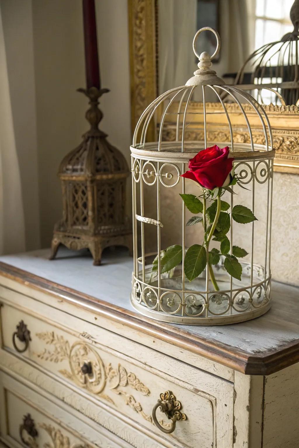 An aviary imparts a romantic dimension to a solitary rose centerpiece.
