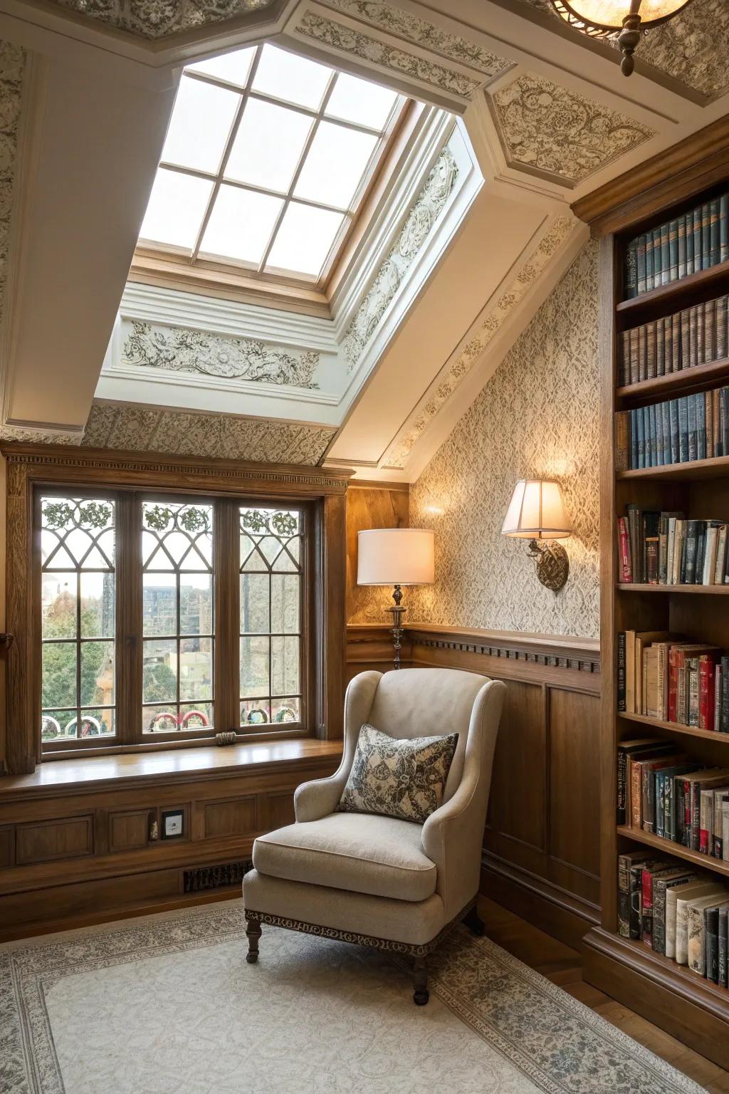 A reading nook with a skylight featuring vintage-style trim.