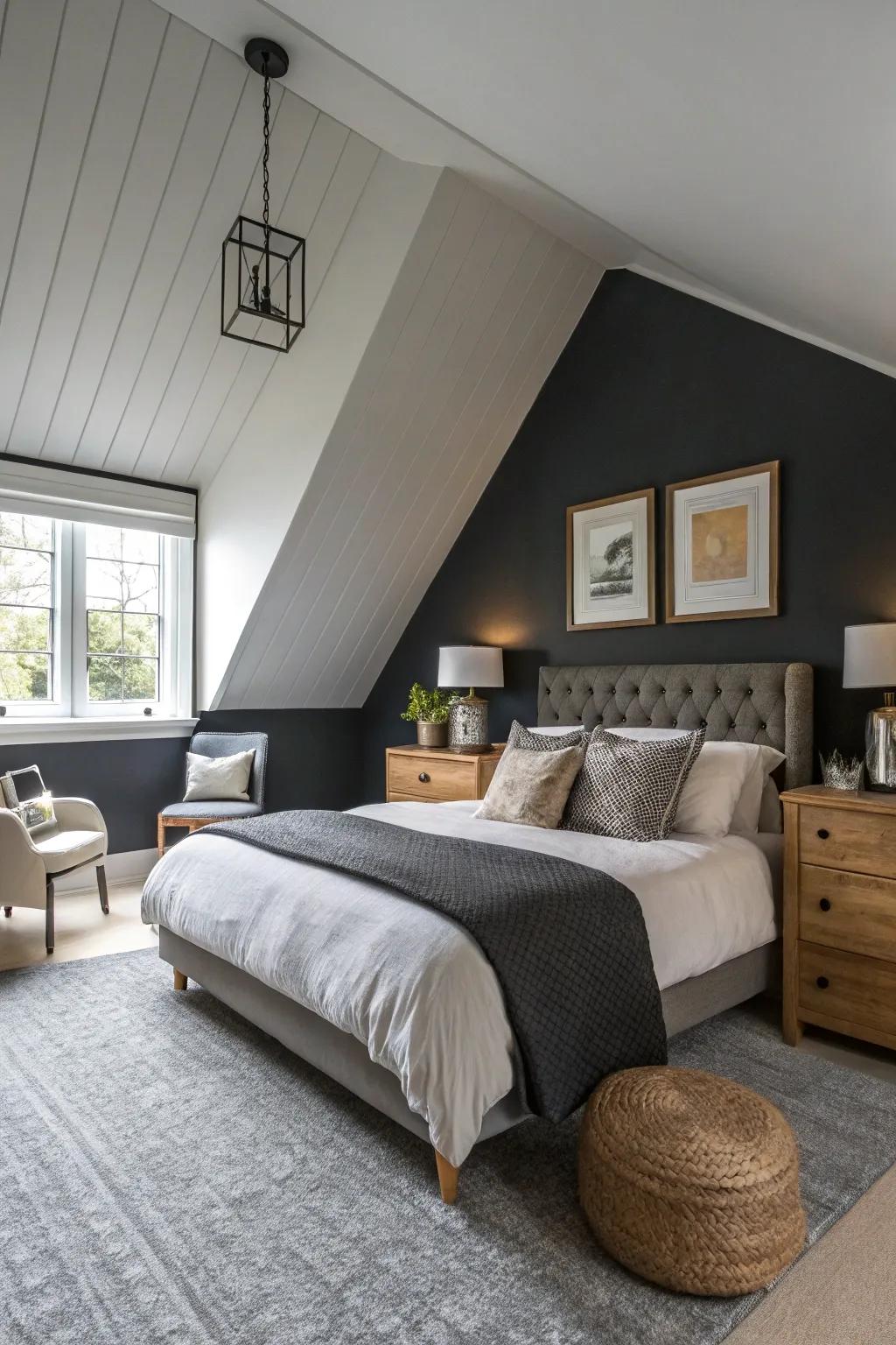 This refined bedroom’s dark ceiling acts as a striking point of emphasis.