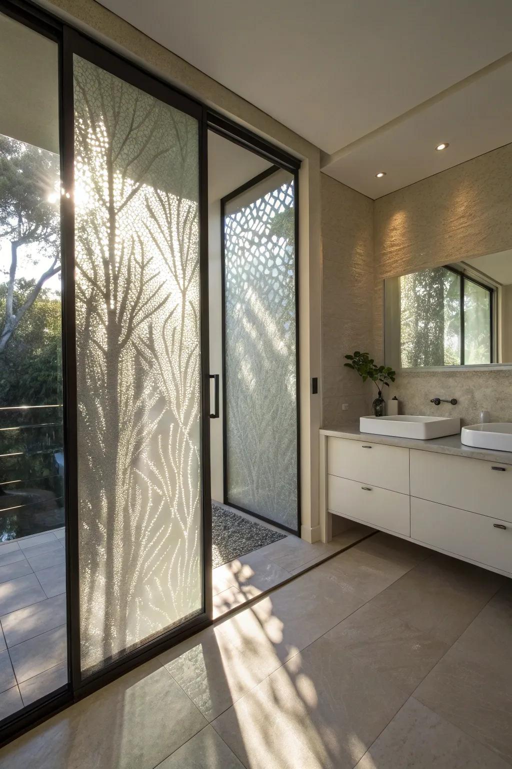 Textured glass sliding doors add depth and visual interest.