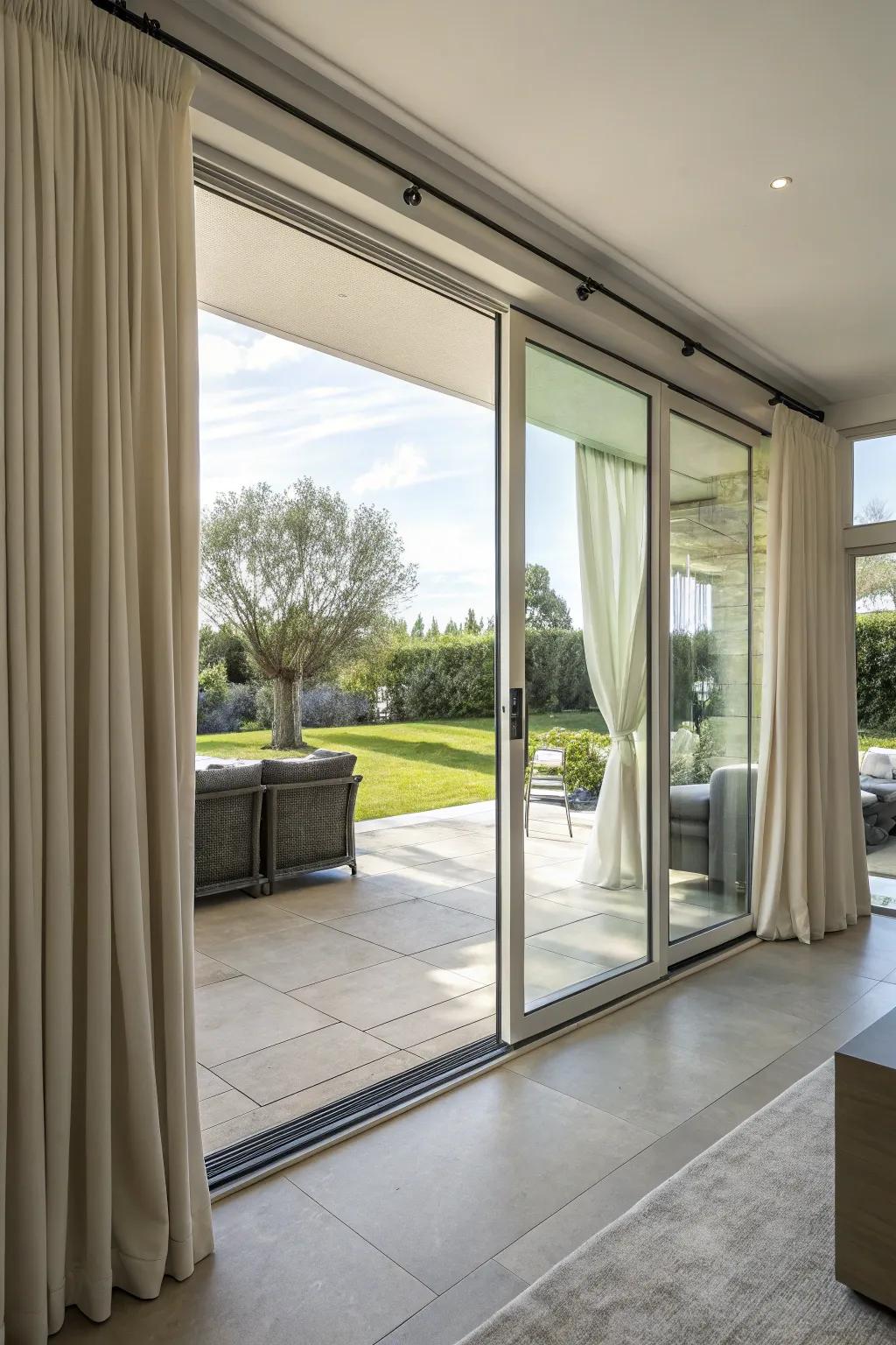 Motorized curtains blend convenience with modern luxury.