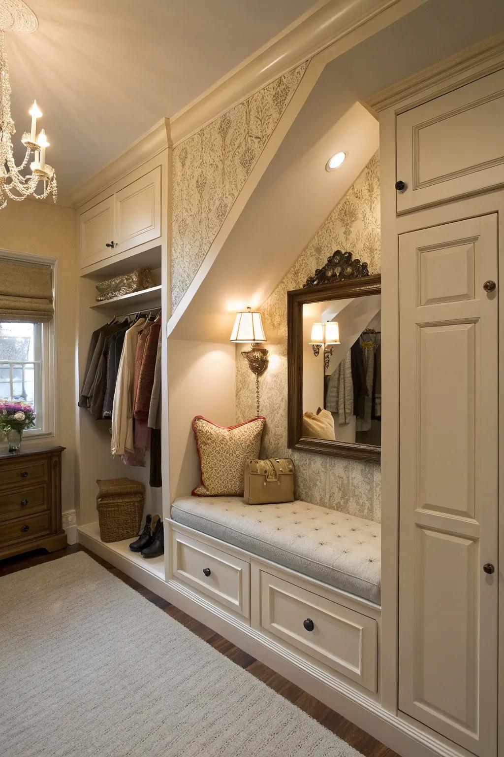 A dressing spot adds a personal touch to your closet.