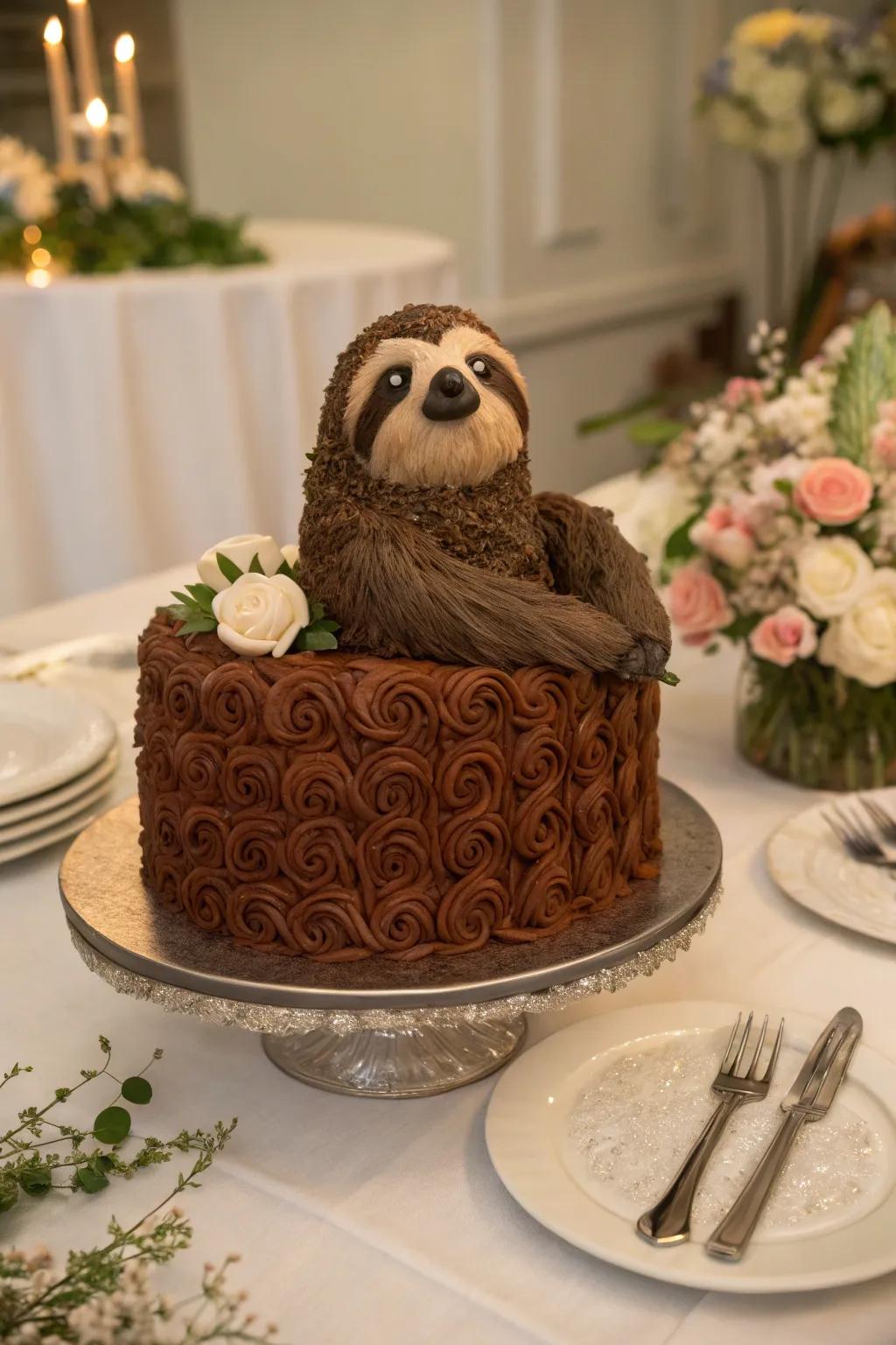 Textured chocolate fur adds realism to the sloth dessert.