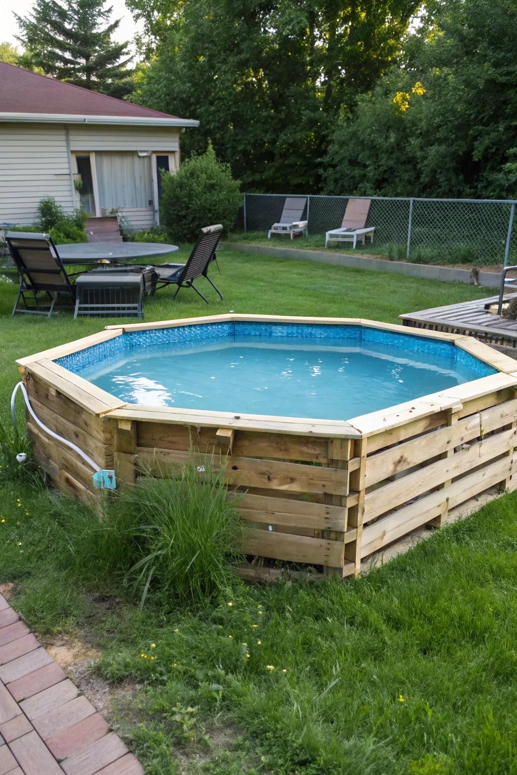 A rustic above-ground pool encased by reused wood pallets.