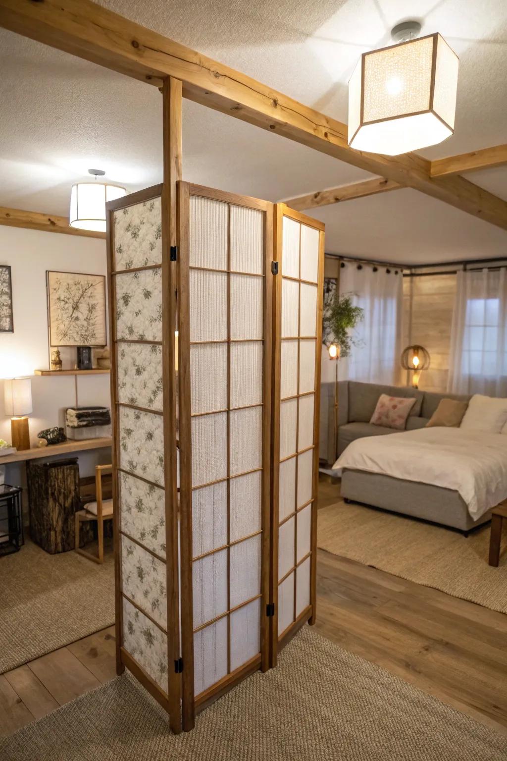 Artistic separation mechanisms can extend privacy in open-concept Airbnb areas.