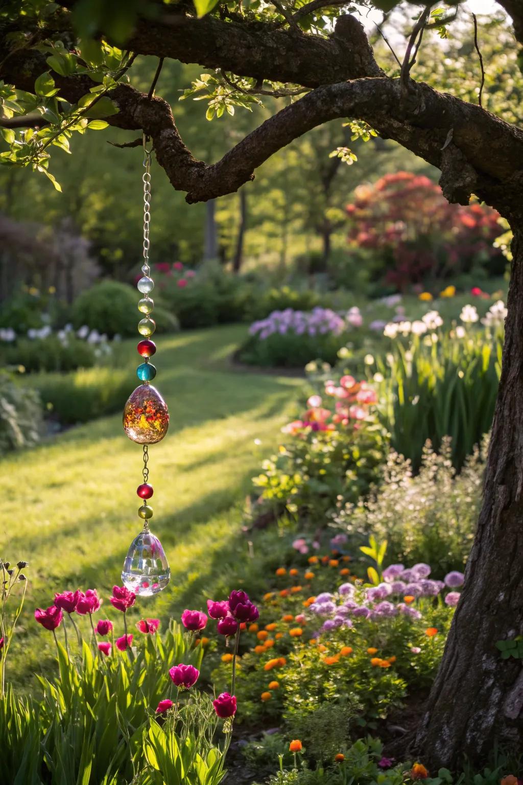 A sun catcher adds a touch of light and whimsy to the garden.