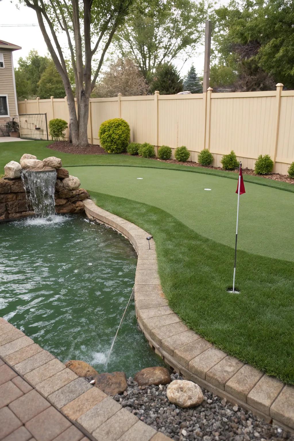 A putting green enhanced by a sophisticated water feature.