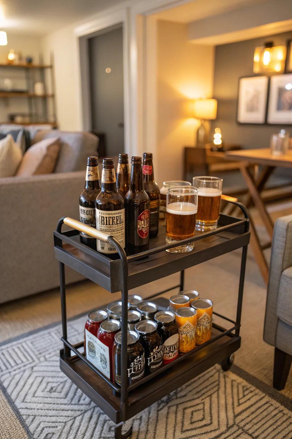 Movable bar cart beer display for dynamic entertaining.