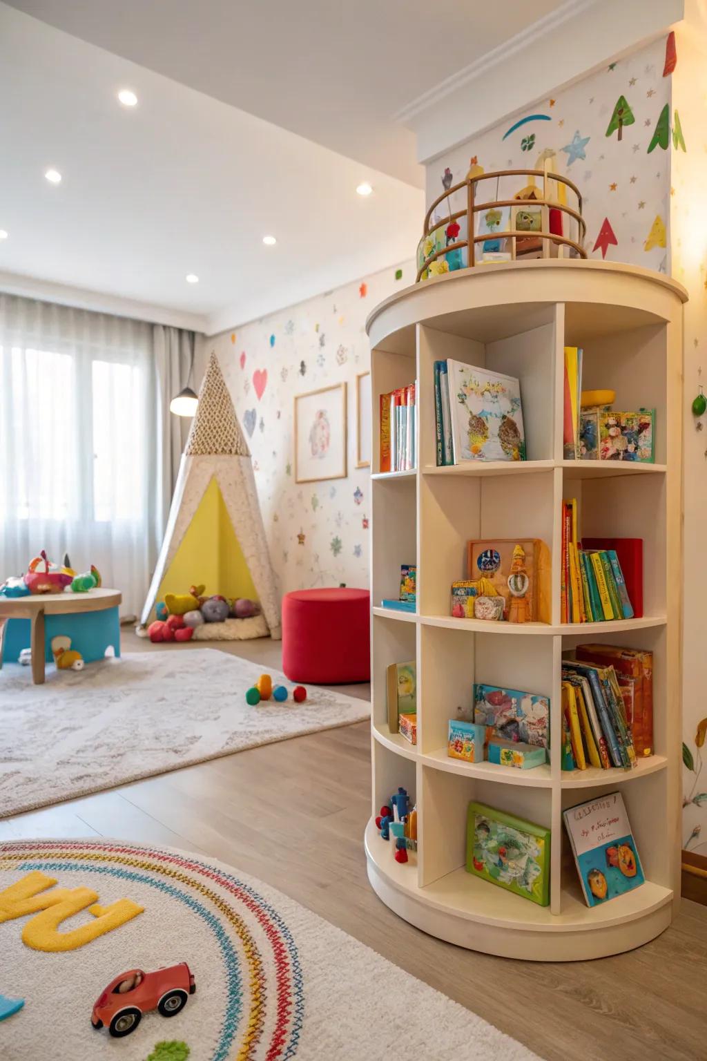 Swiveling bookcases are amusing and practical.