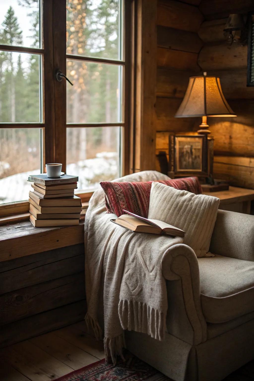 A cozy reading nook in a cabin, perfect for relaxation.
