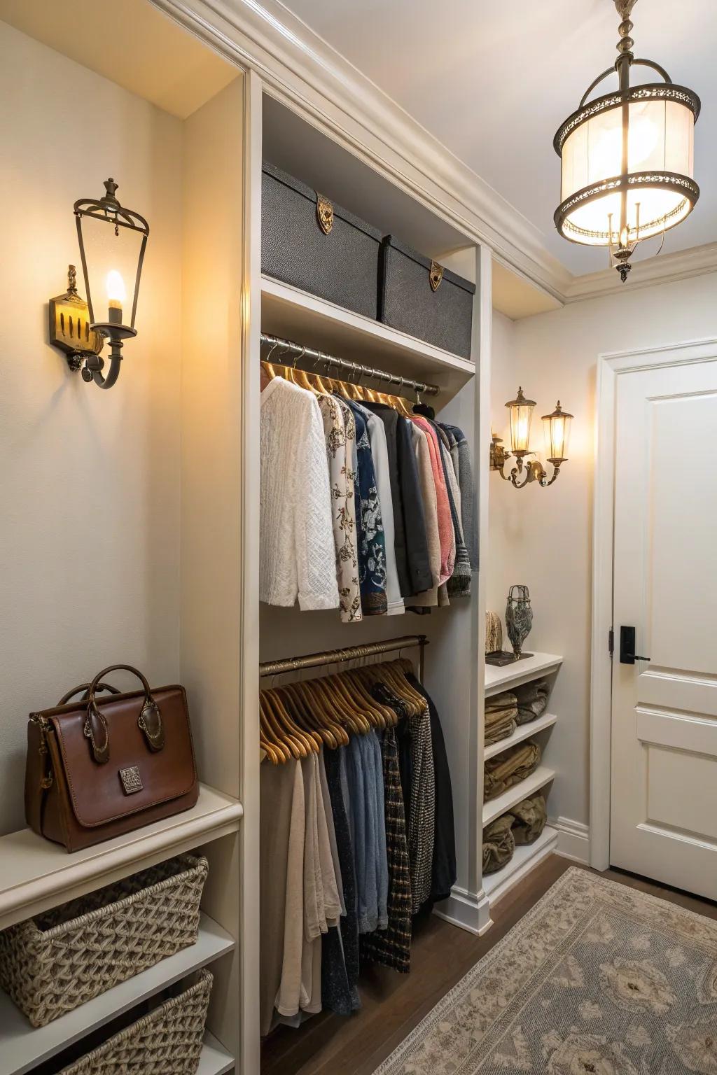 Wall lamps bring elegance and light to a small closet.