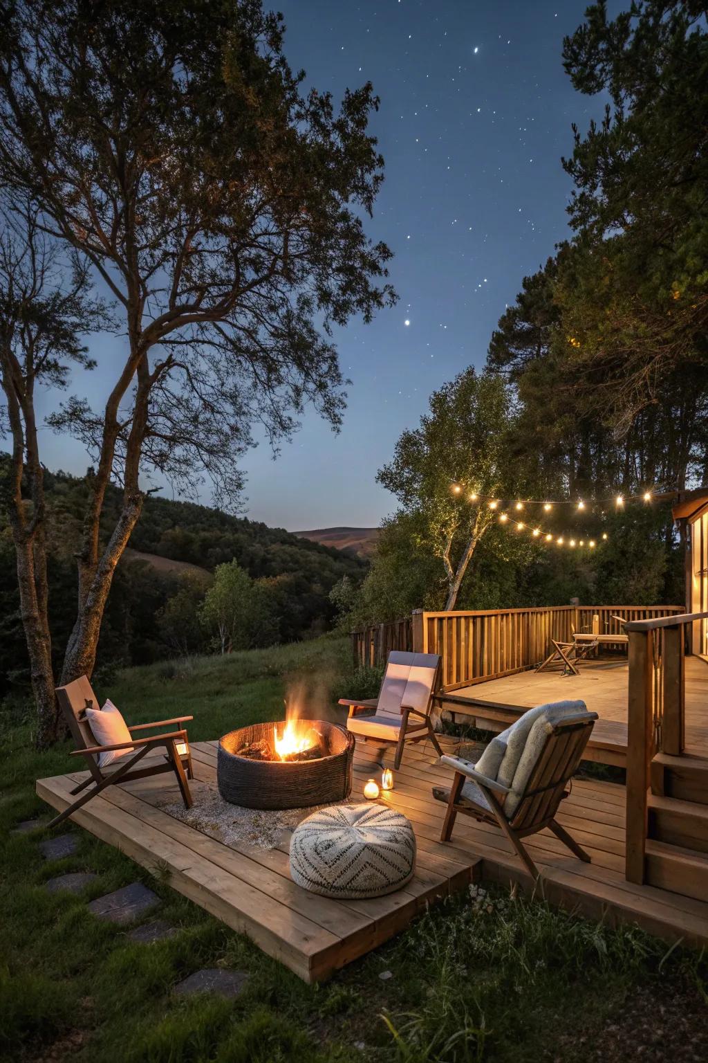 A fire pit creates a welcoming and warm atmosphere for gatherings.