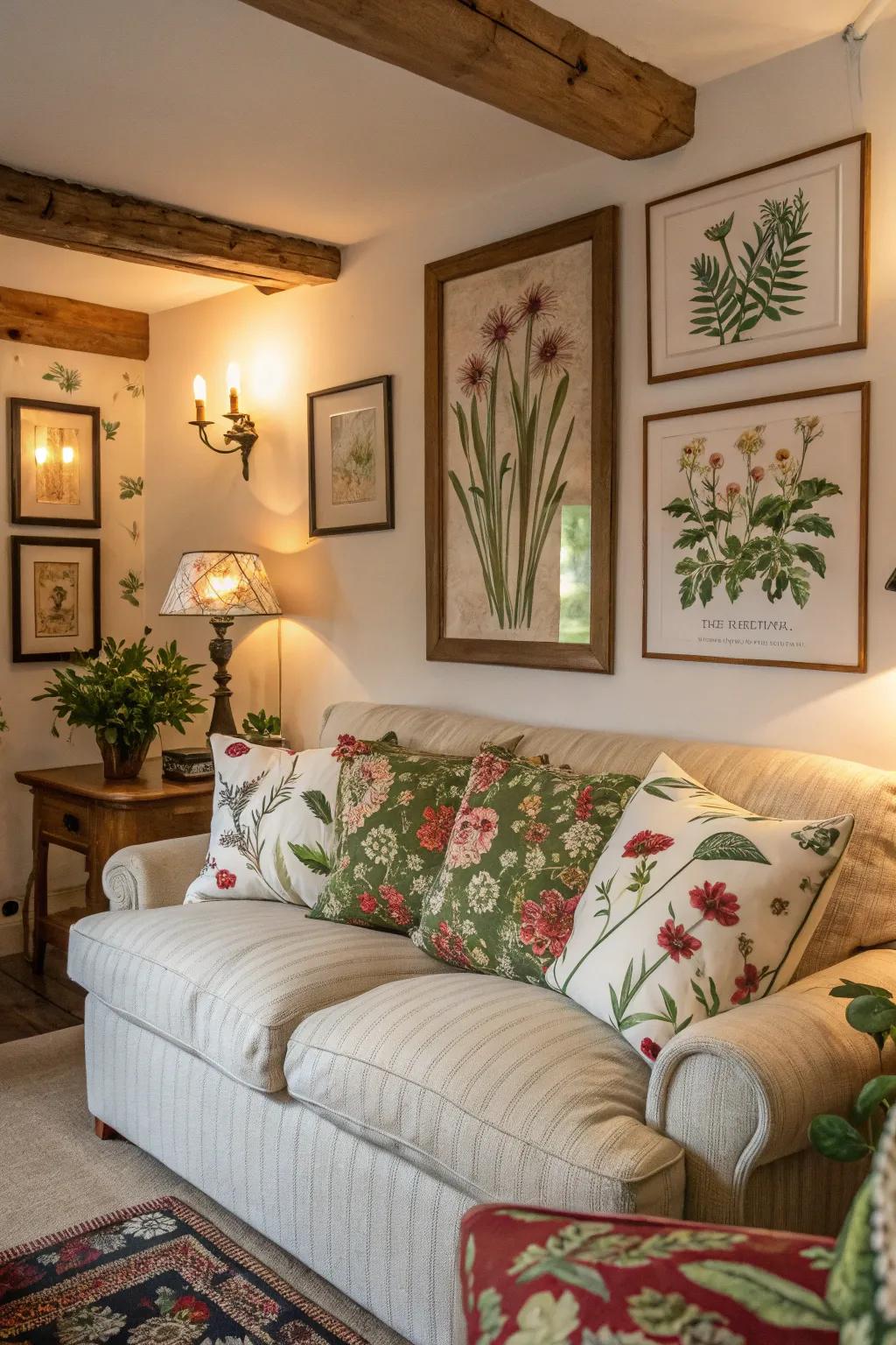 Botanical graphics usher a touch of nature into this cozy living space.