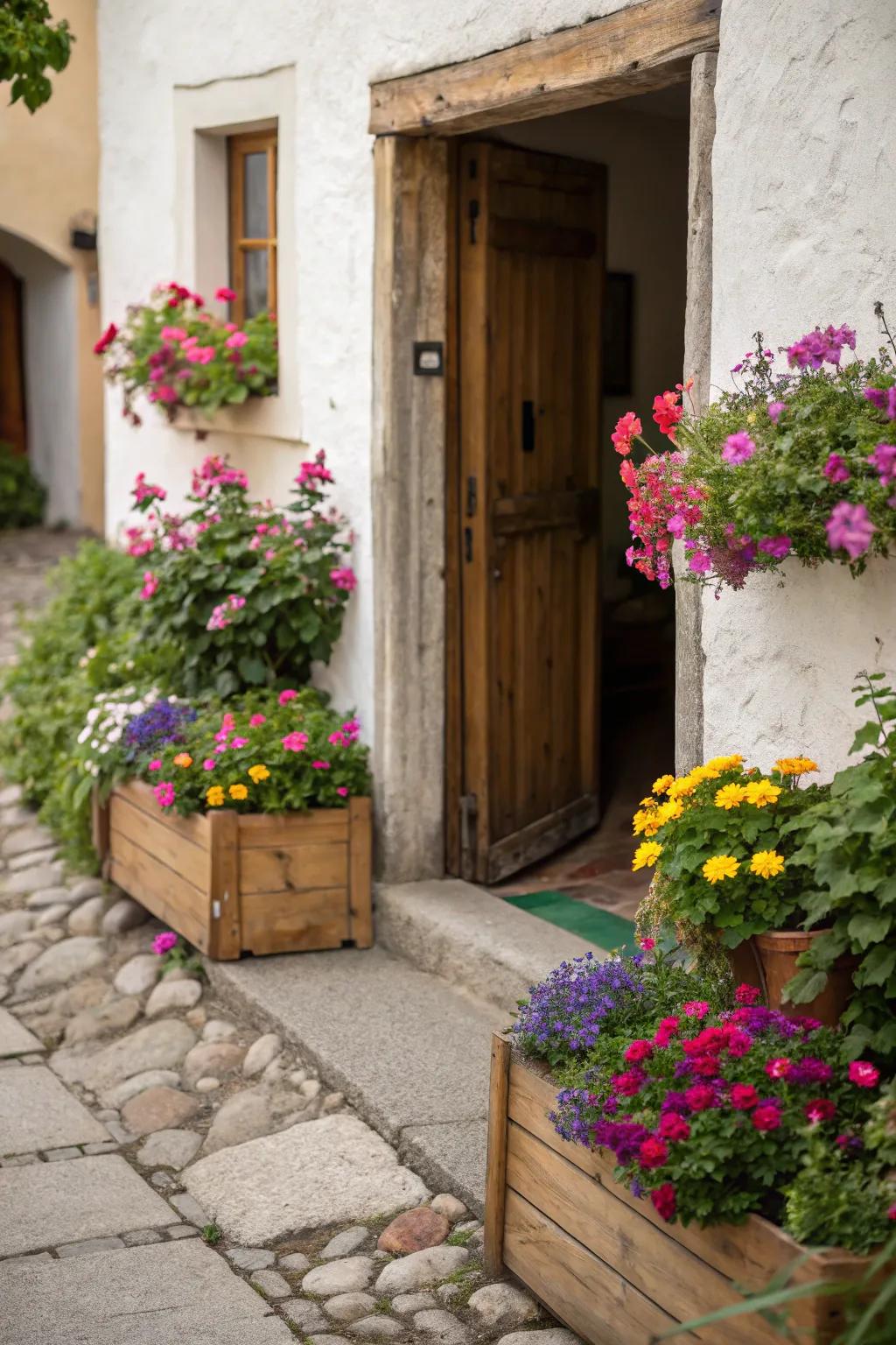 Bloom boxes add color and life to a small entryway.