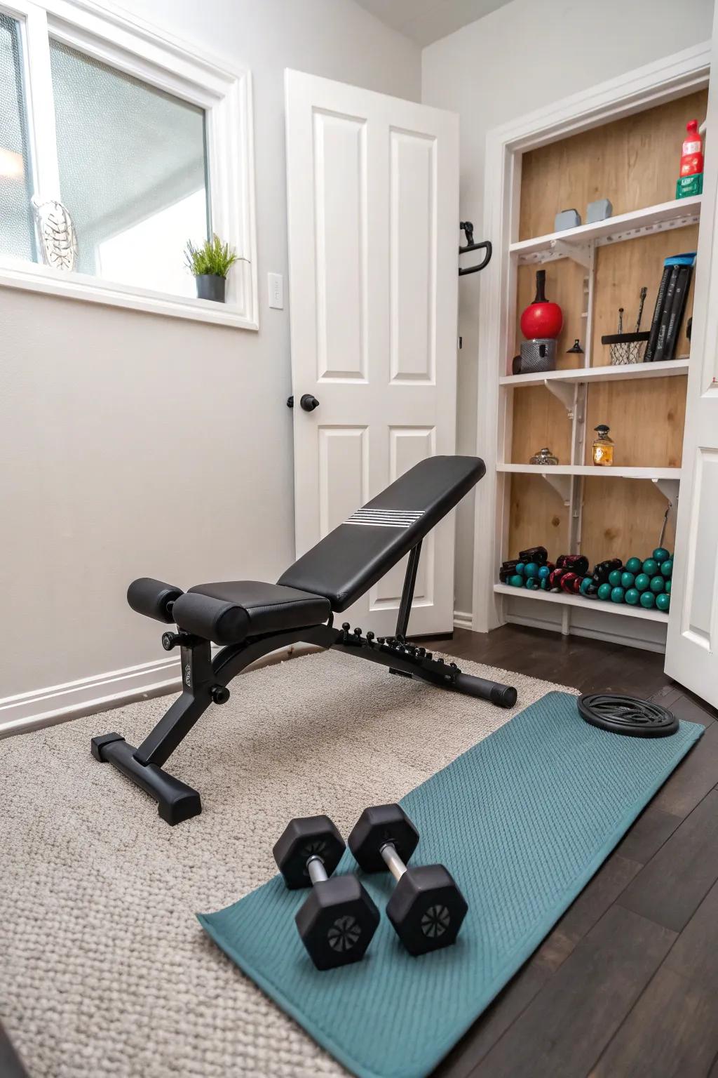 In cramped spaces, an adjustable bench maximizes workout options.