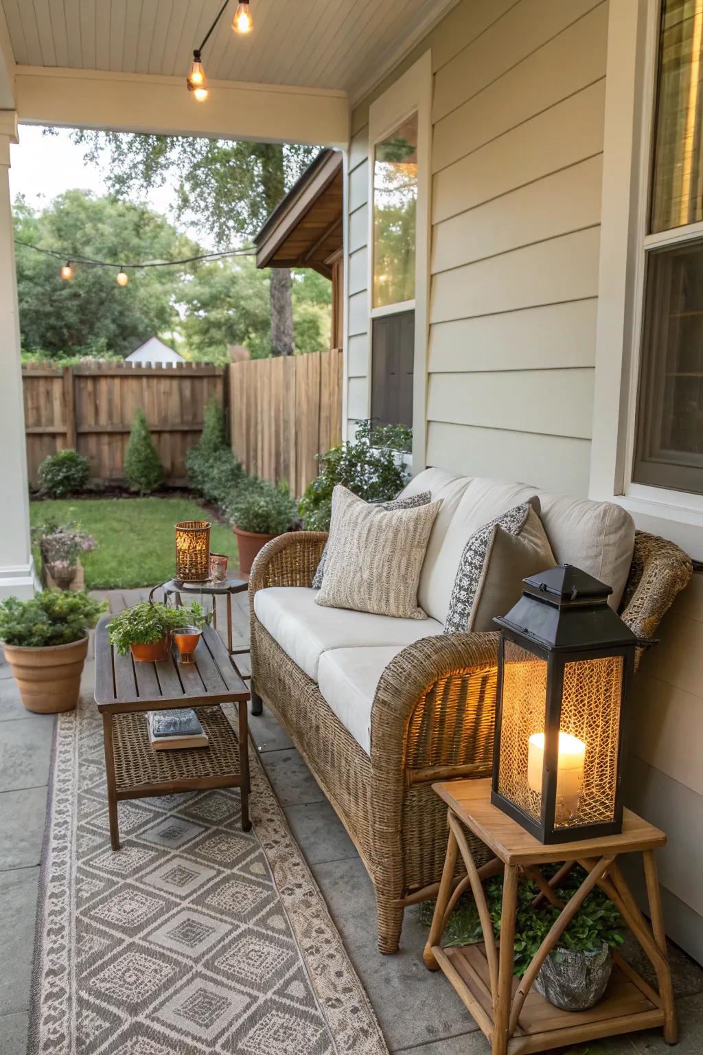 A charming small porch with cozy seating and inviting decor.