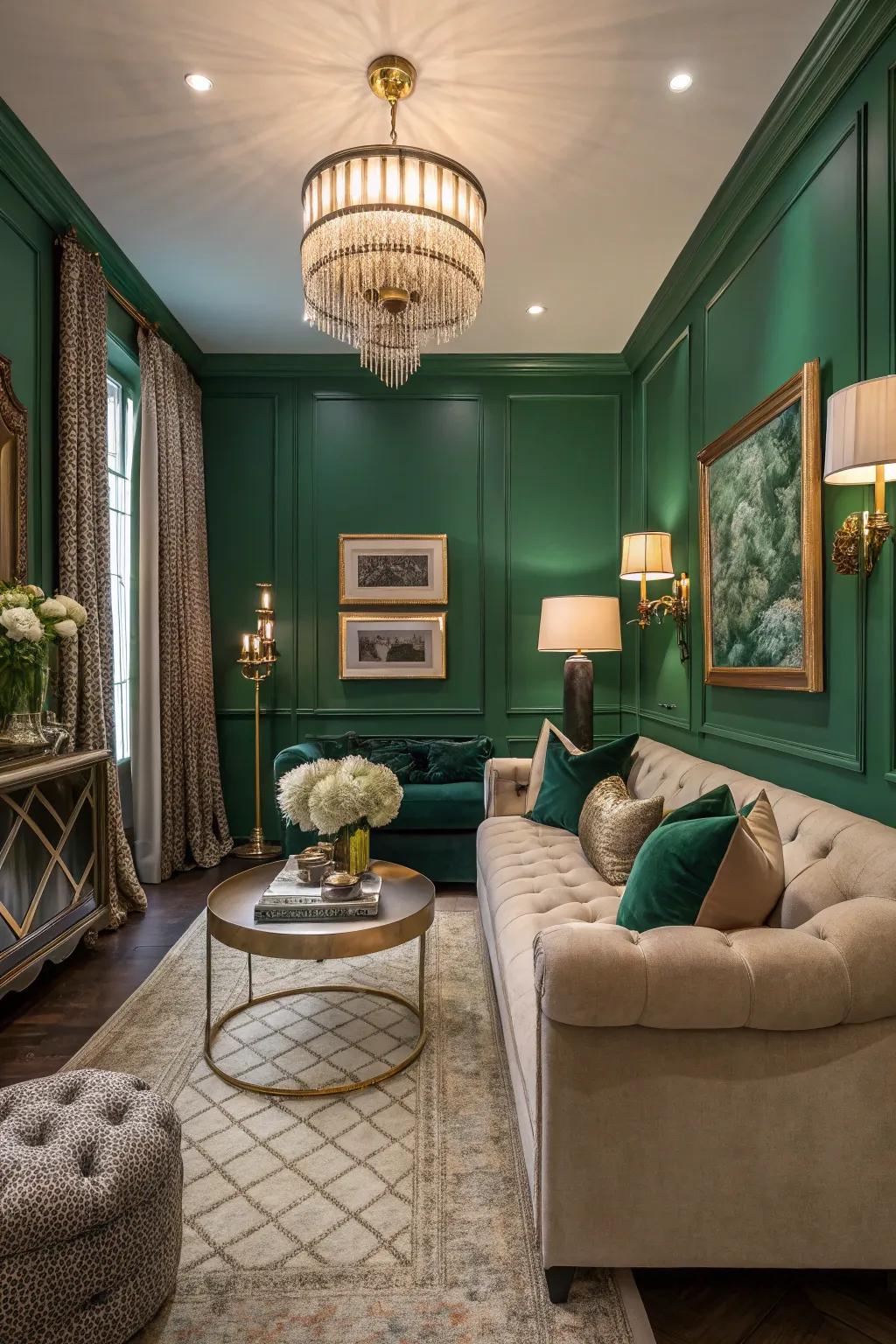 A small living space featuring emerald walls for a hint of luxury.