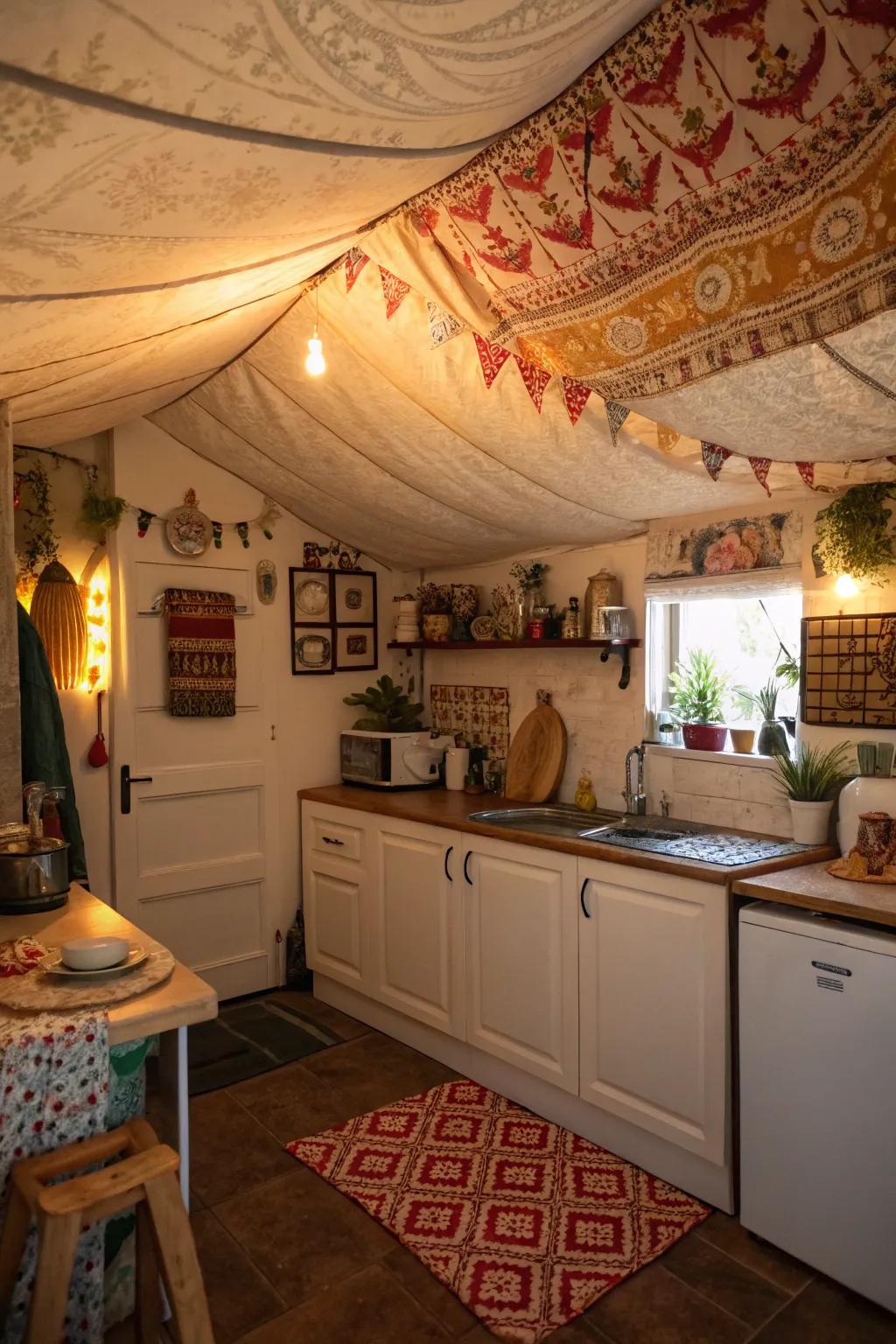 Textile roofs bring softness and a cozy vibe to unconventional cooking area designs.