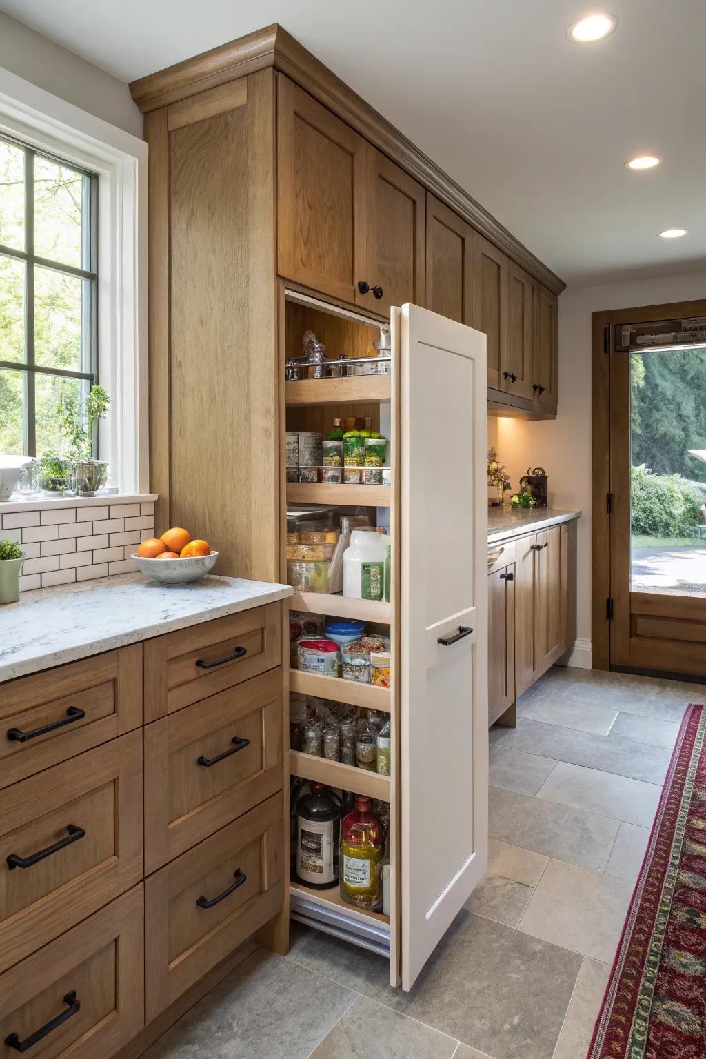 Covered storage keeps clutter away in compact kitchens.