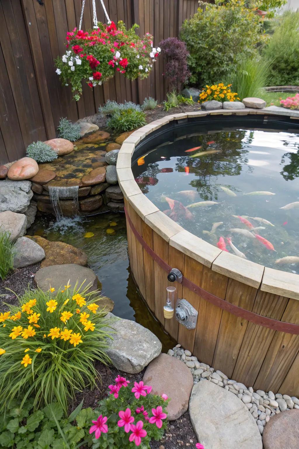 A whimsical koi pond born from a converted hot tub.
