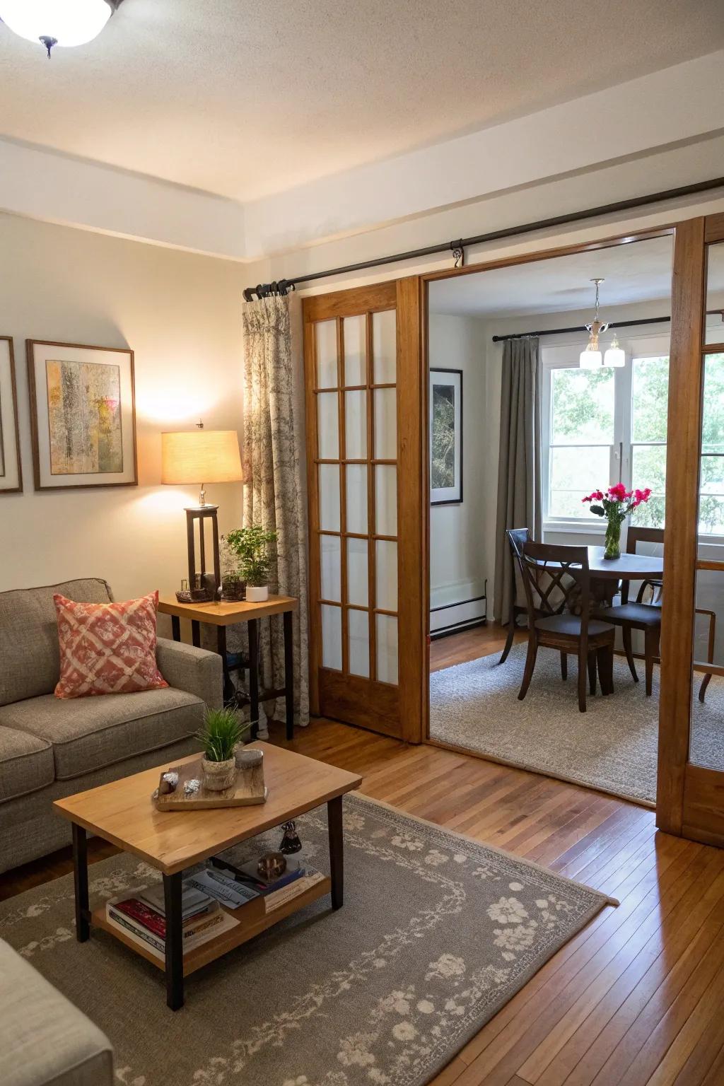 Sliding doors providing versatile options for space division.