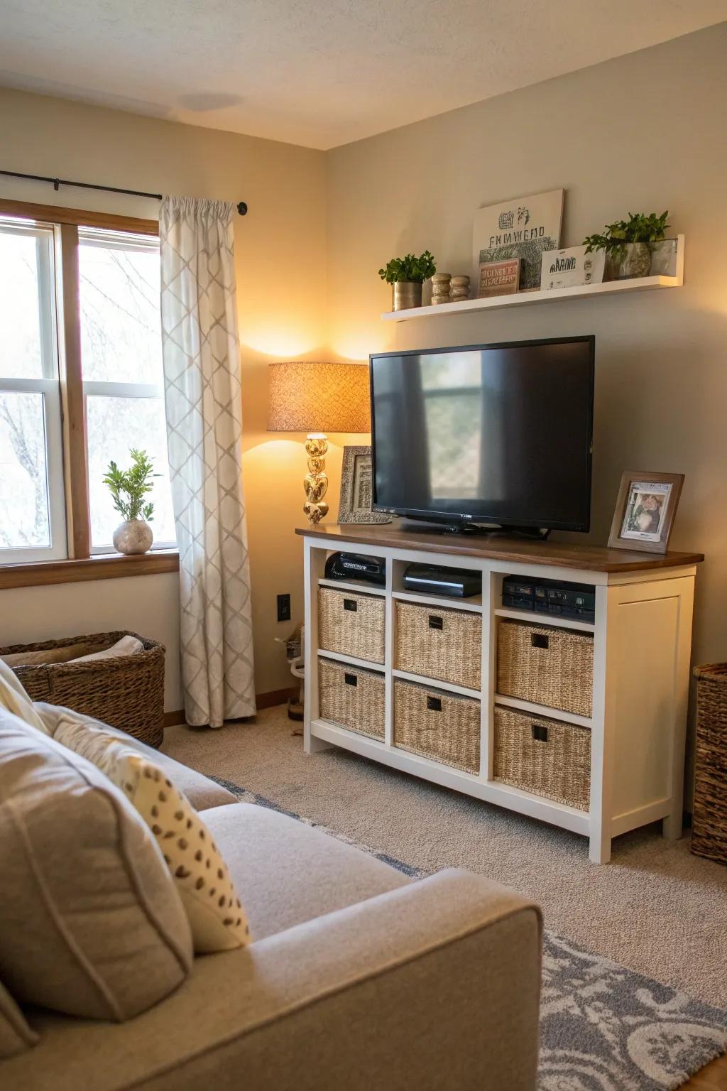 A TV stand with storage keeps your TV things tidy.