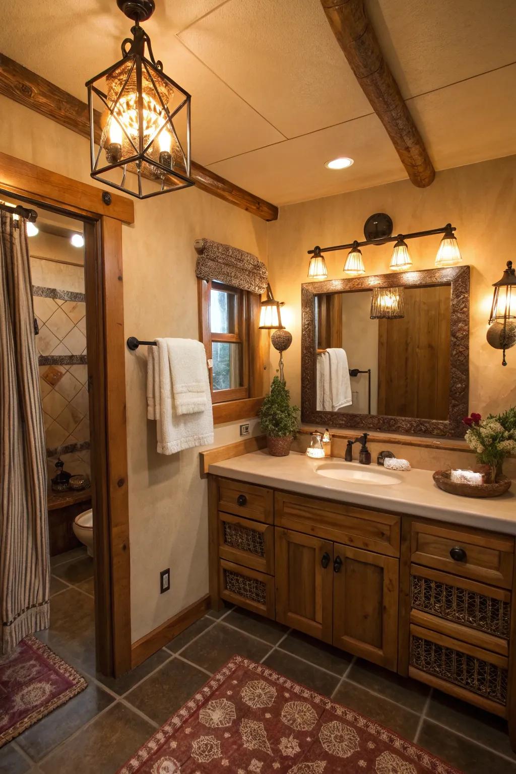 Rustic lighting units bring warmth to a bathroom.