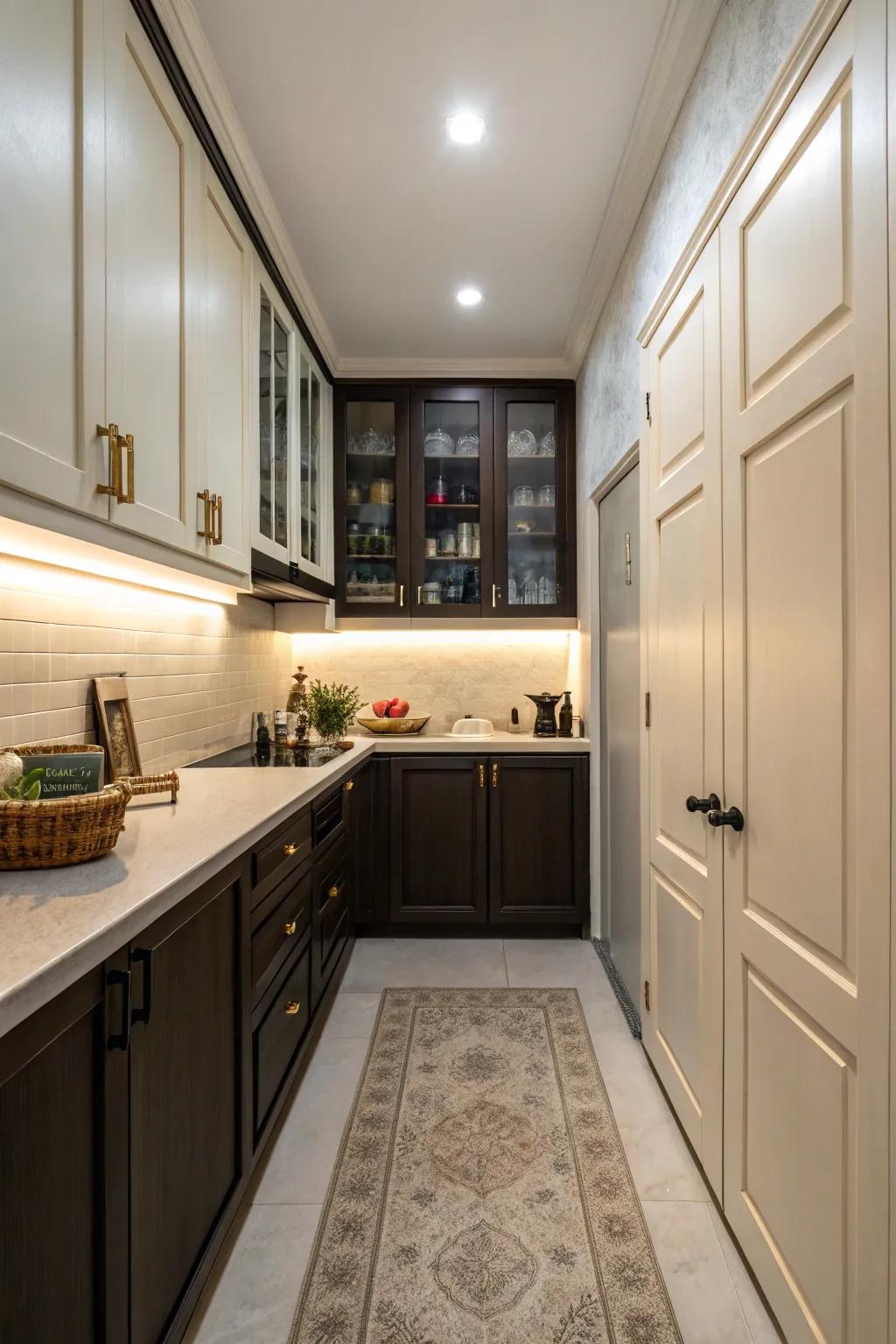 Depth and visual interest are added by using dual-tone cabinets.